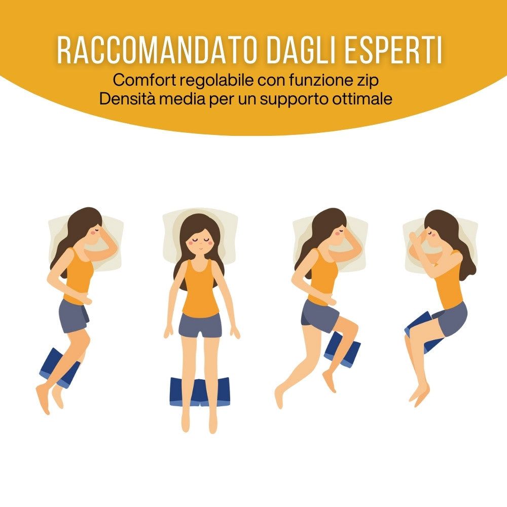 Schema: posizioni per dormire con cuscino per ginocchia. Raccomandato da esperti. Comfort regolabile, densità media.