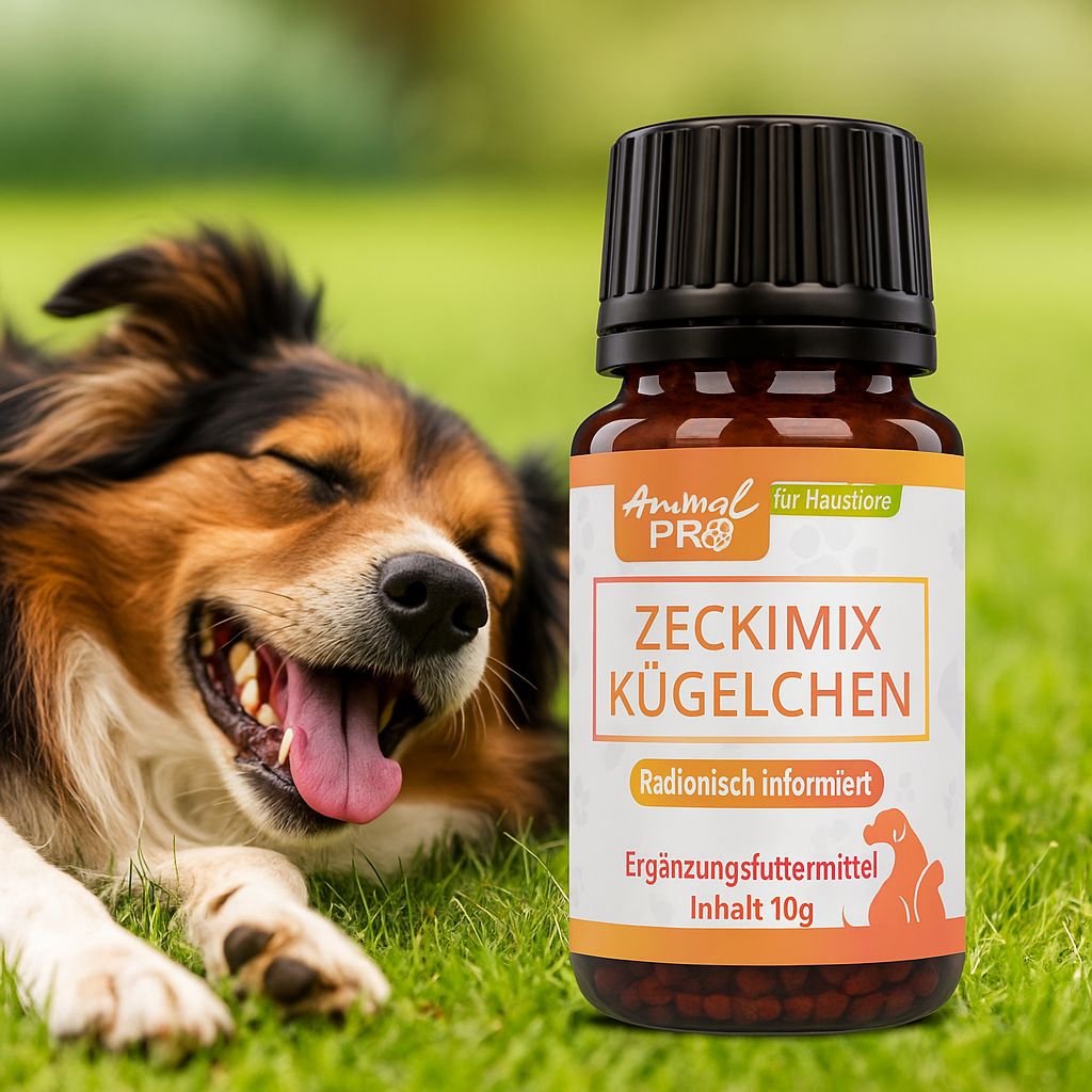 Braune Glasflasche mit schwarzem Deckel. Etikett mit Produktnamen Zeckimix Kügelchen, Marke Animal Pro, für Haustiere. Hund im Hintergrund.