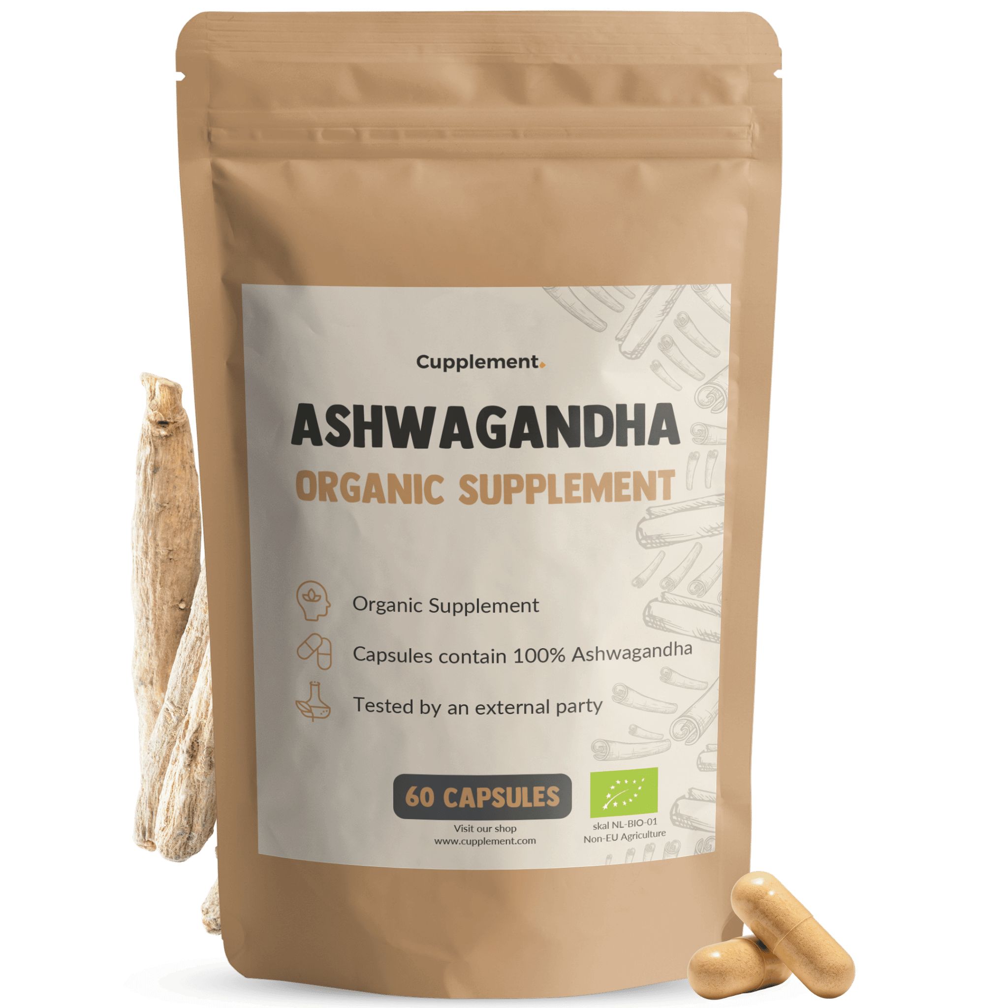 Beutel mit Ashwagandha-Kapseln. Aufschrift: Ashwagandha Organic Supplement. 60 Kapseln. Mit Bio-Siegel. Wurzel daneben.
