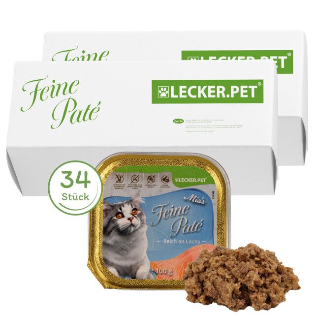 Zwei Kartons mit Katzenfutter. Einzelne Schale mit Futter daneben. Aufschrift "Feine Paté" und "Lecker.Pet". 34 Stück.