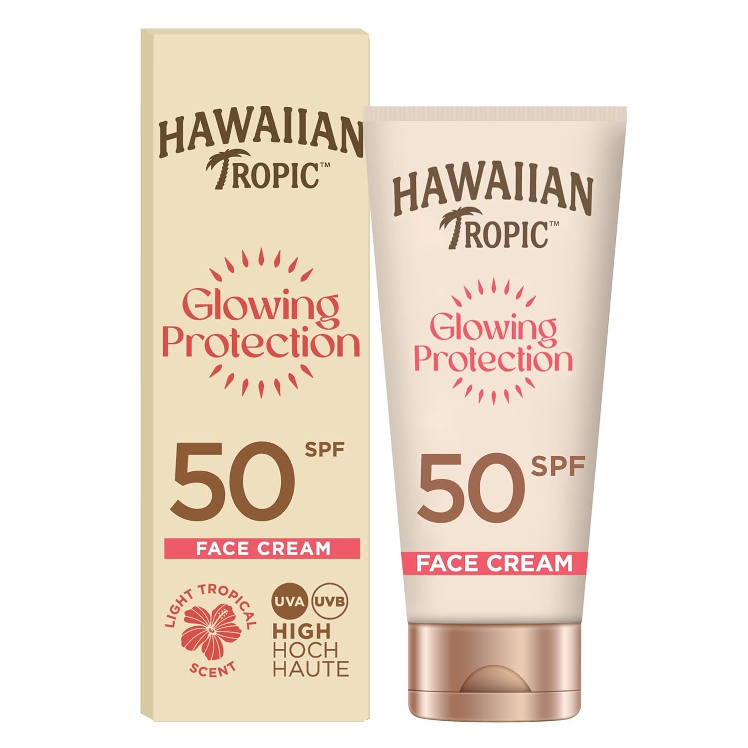 Sonnencreme-Tube und Verpackung. Marke: Hawaiian Tropic. LSF 50. Glowing Protection. Gesichtspflege.
