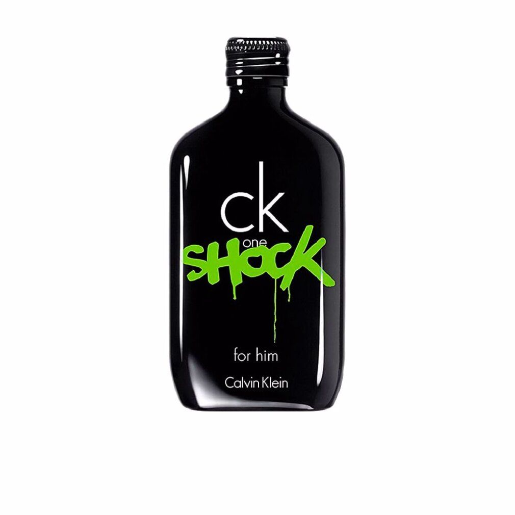 Schwarze Flasche mit weißem und grünem Schriftzug. Aufschrift: ck one SHOCK for him Calvin Klein.