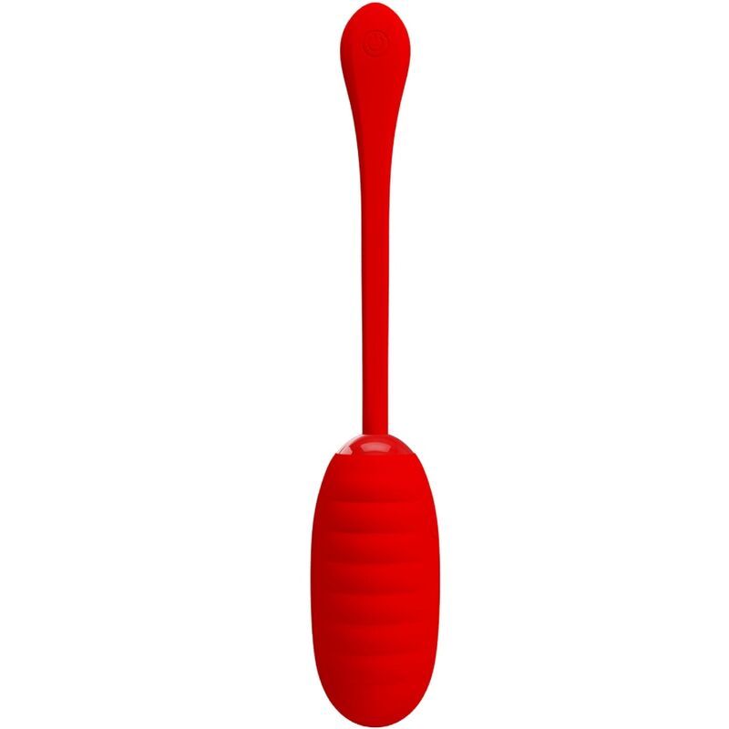 Rotes, längliches Vibrations-Ei mit geriffelter Oberfläche und langem Stiel. Auf weißem Hintergrund.