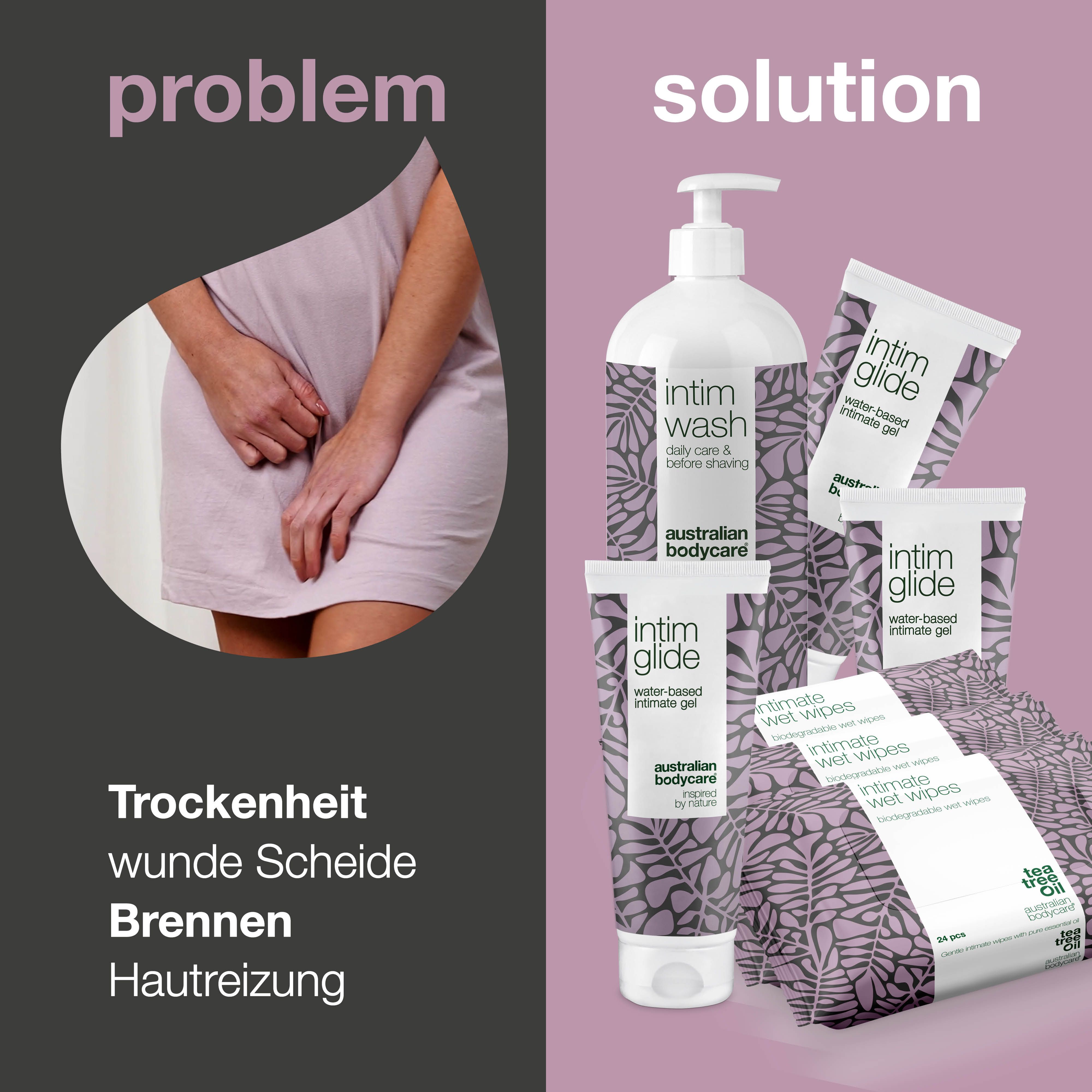 Produktabbildung: Intim Wash, Intim Glide, Intimate Wet Wipes. Text: Problem und Lösung.
