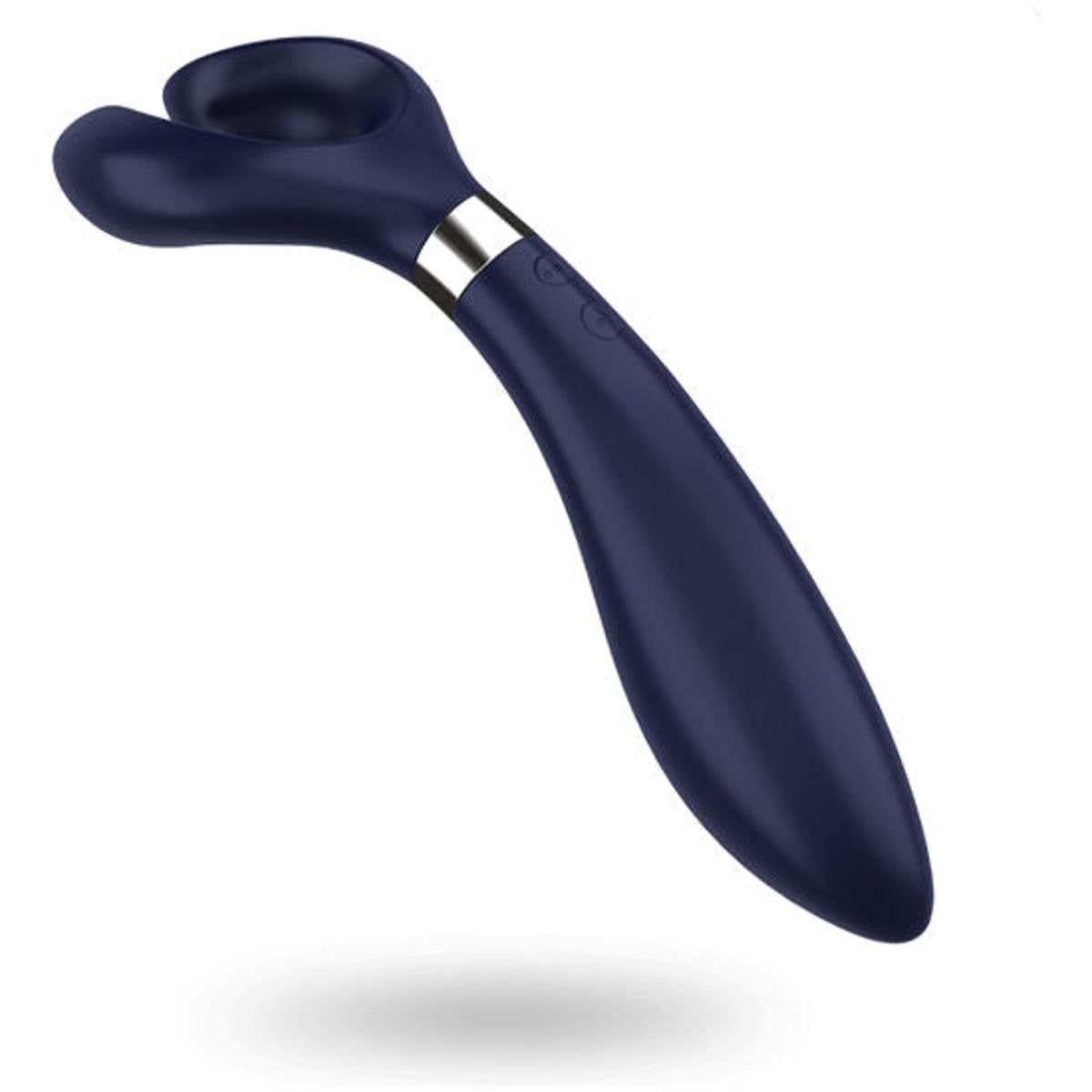 Dunkelblauer Paarvibrator mit gebogener Form. Oberteil mit zwei Aussparungen, silberfarbener Ring und zwei Knöpfe.