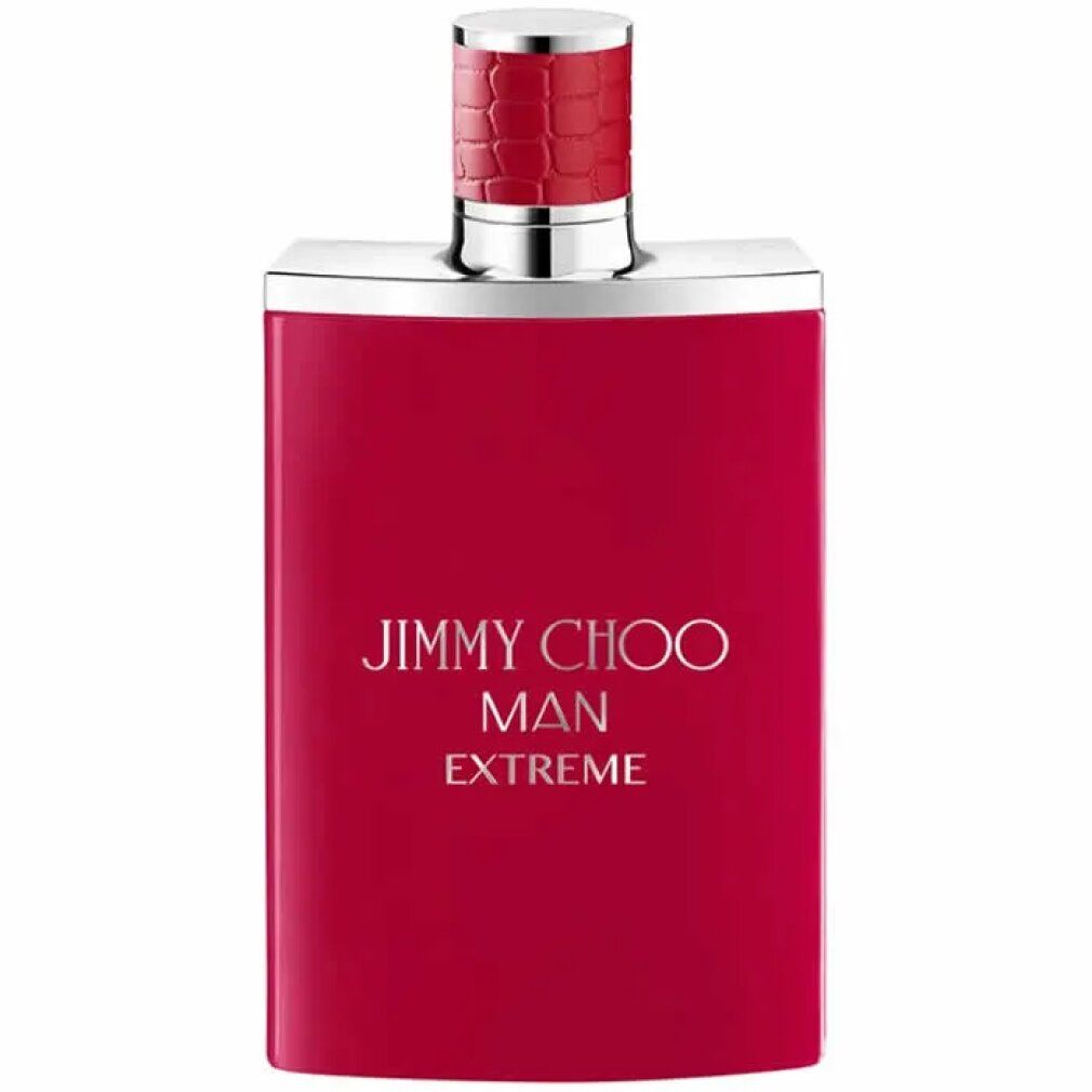 Rotes Parfümflakon mit silbernem Verschluss. Aufschrift: JIMMY CHOO MAN EXTREME. Quadratische Form.