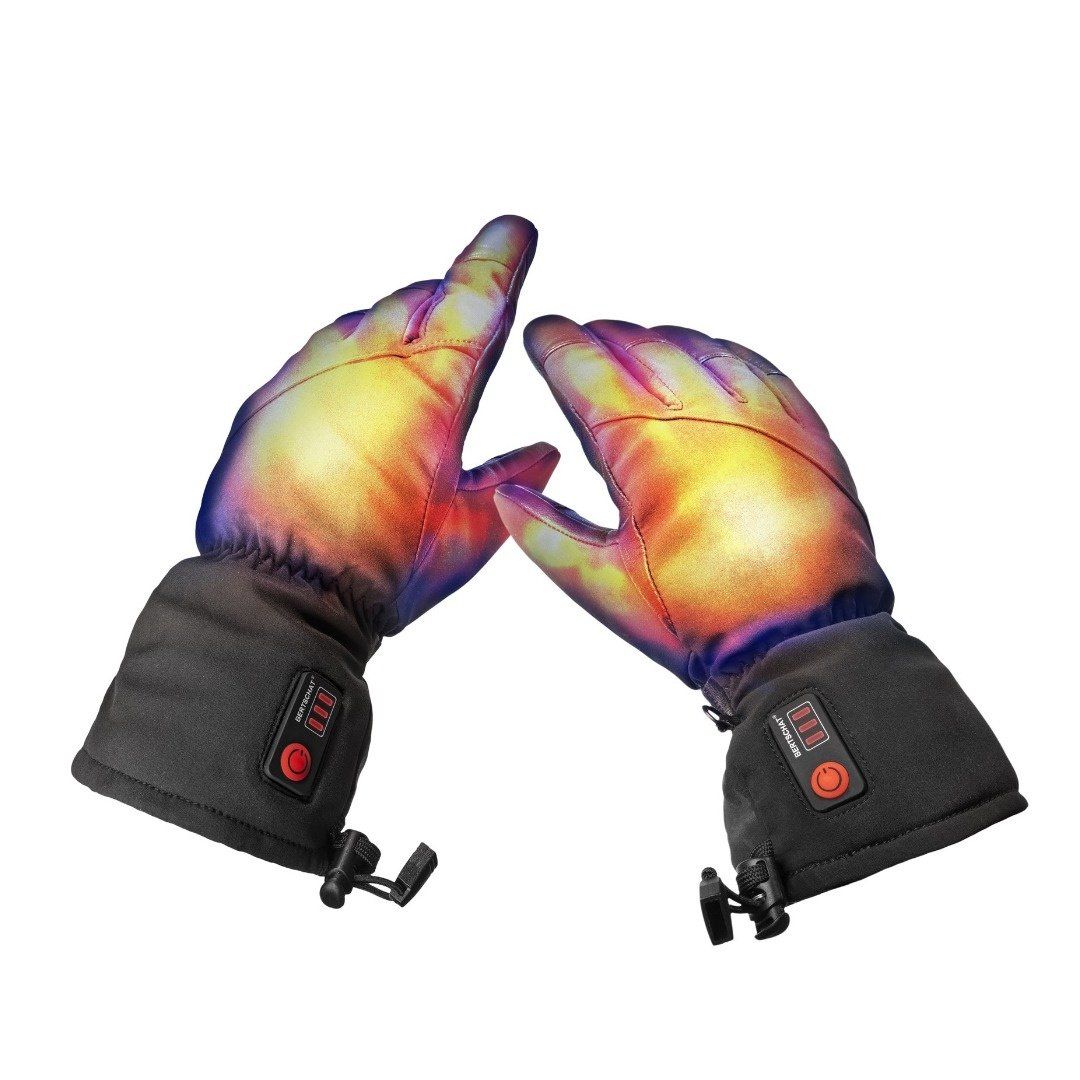 Thermografische Ansicht der beheizbaren Handschuhe. Rote und gelbe Bereiche zeigen Wärme an.