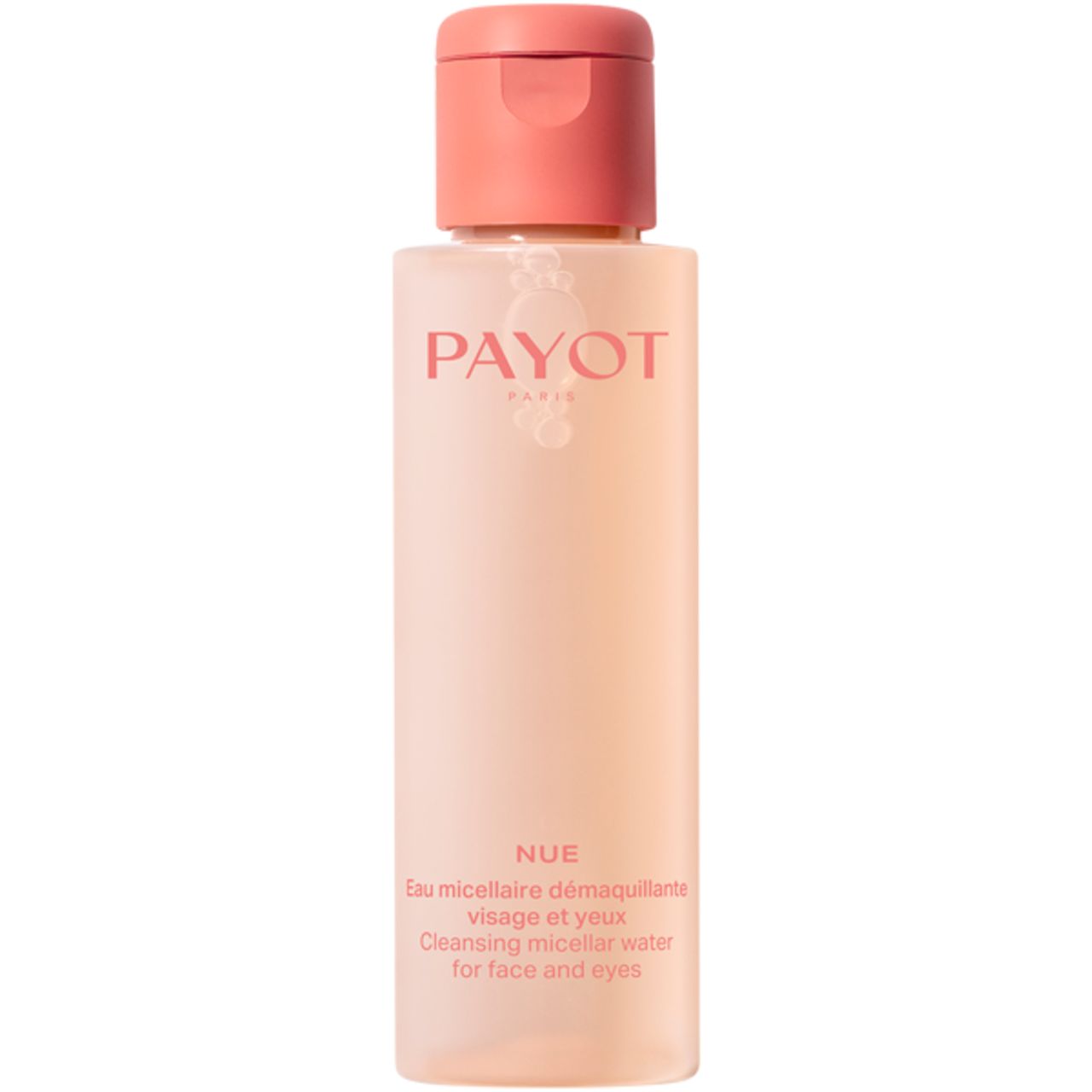 Zylindrische Flasche mit rosa Verschluss. Aufschrift PAYOT, NUE, Eau micellaire démaquillante, visage et yeux, Cleansing micellar water for face and eyes.