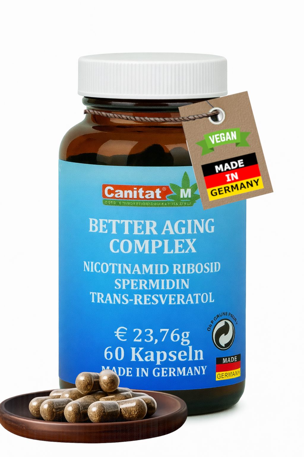 Braune Glasflasche mit Kapseln, blaues Etikett. Text: BETTER AGING COMPLEX, Nicotinamid Ribosid, Spermidin, Trans-Resveratrol. 60 Kapseln. Vegan, Made in Germany.