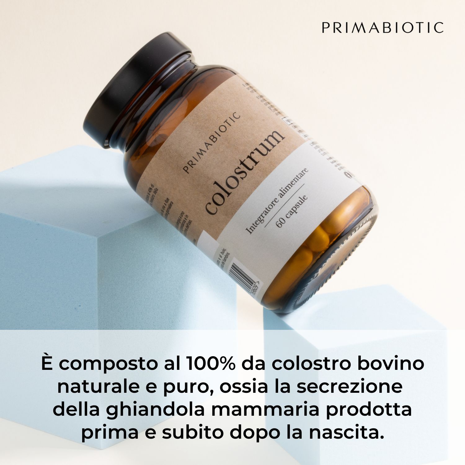 Flacone con capsule. Testo: Primabiotic, Colostrum. Scritta: 60 capsule. Testo sugli ingredienti.