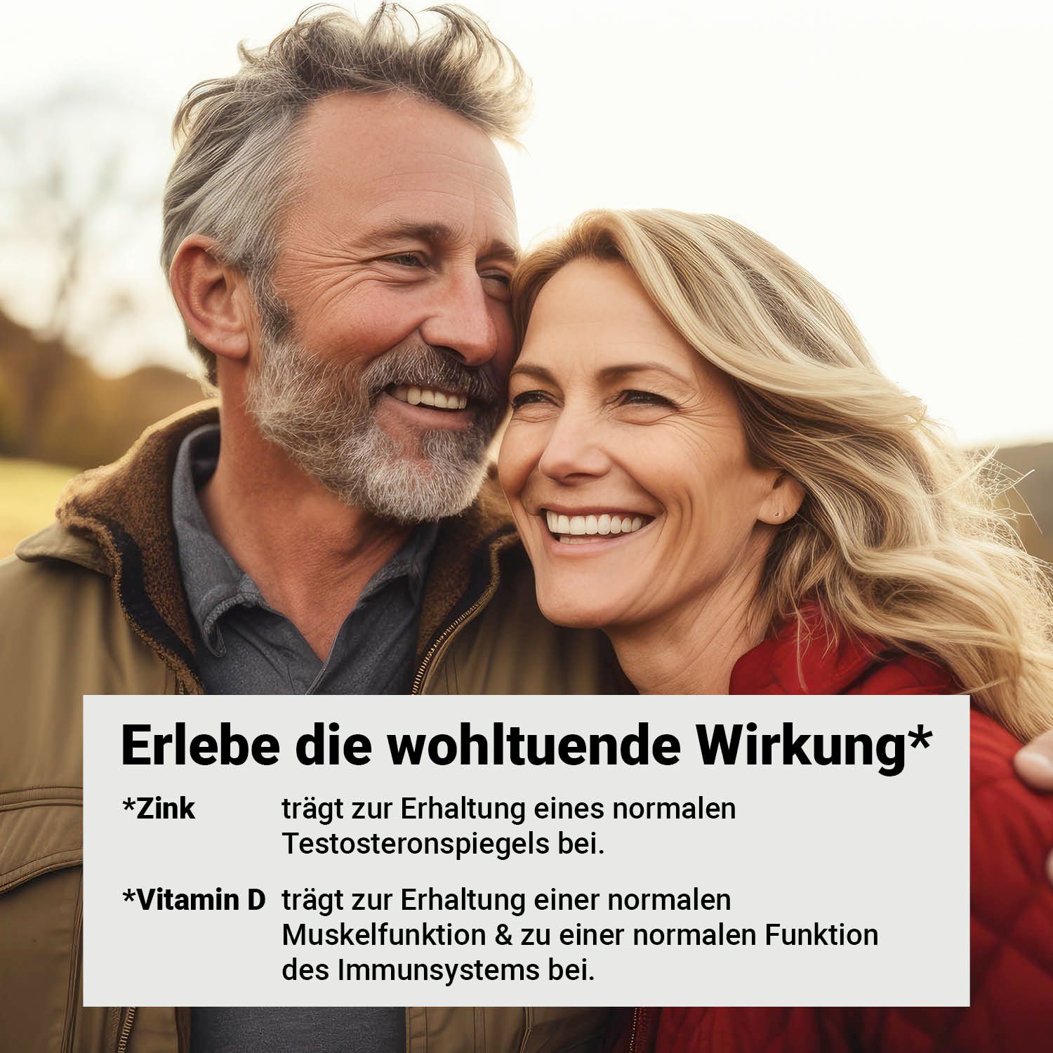 Älteres Paar lächelt. Text: Erlebe die wohltuende Wirkung. Erläuterungen zu Zink und Vitamin D.