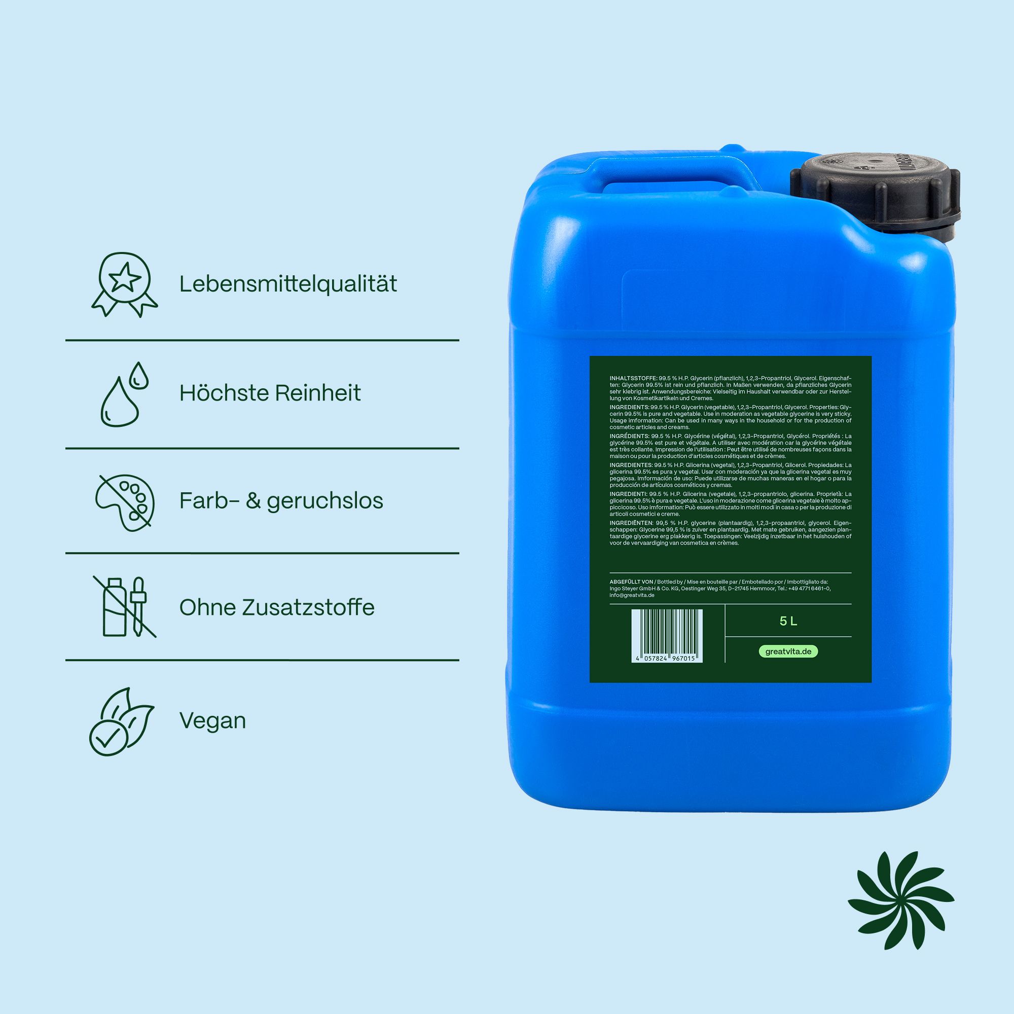 5L blaue Kunststoffkanister mit Glycerin-Etikett. Links sind Icons für Lebensmittelqualität, Reinheit, Farb- & geruchlos, ohne Zusatzstoffe und Vegan.