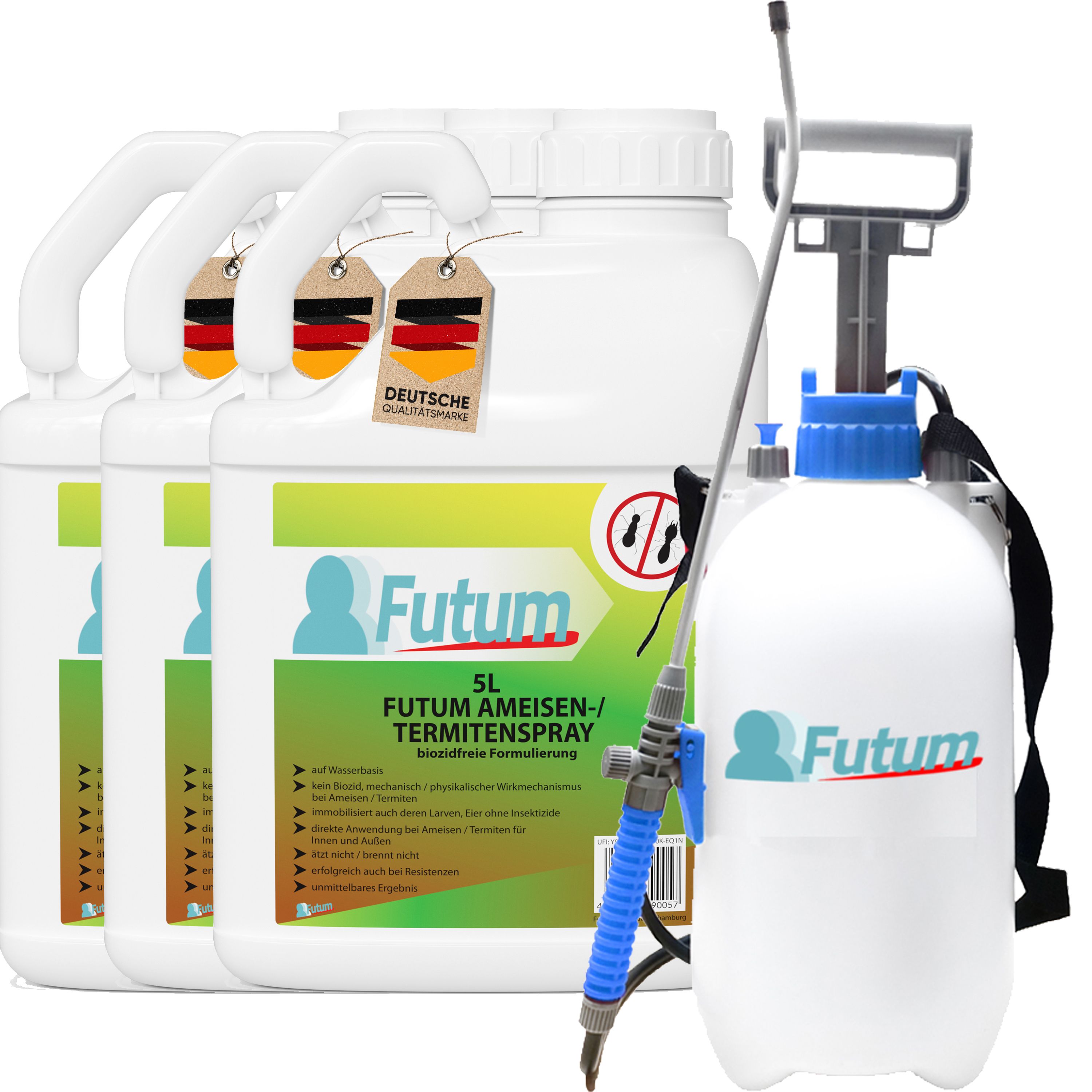 Drei weiße Kanister mit Griffen, Etiketten und Anhängern. Ein Sprüher mit blauem Detail. Aufschrift: Futum 5L Ameisen-/Termitenspray.