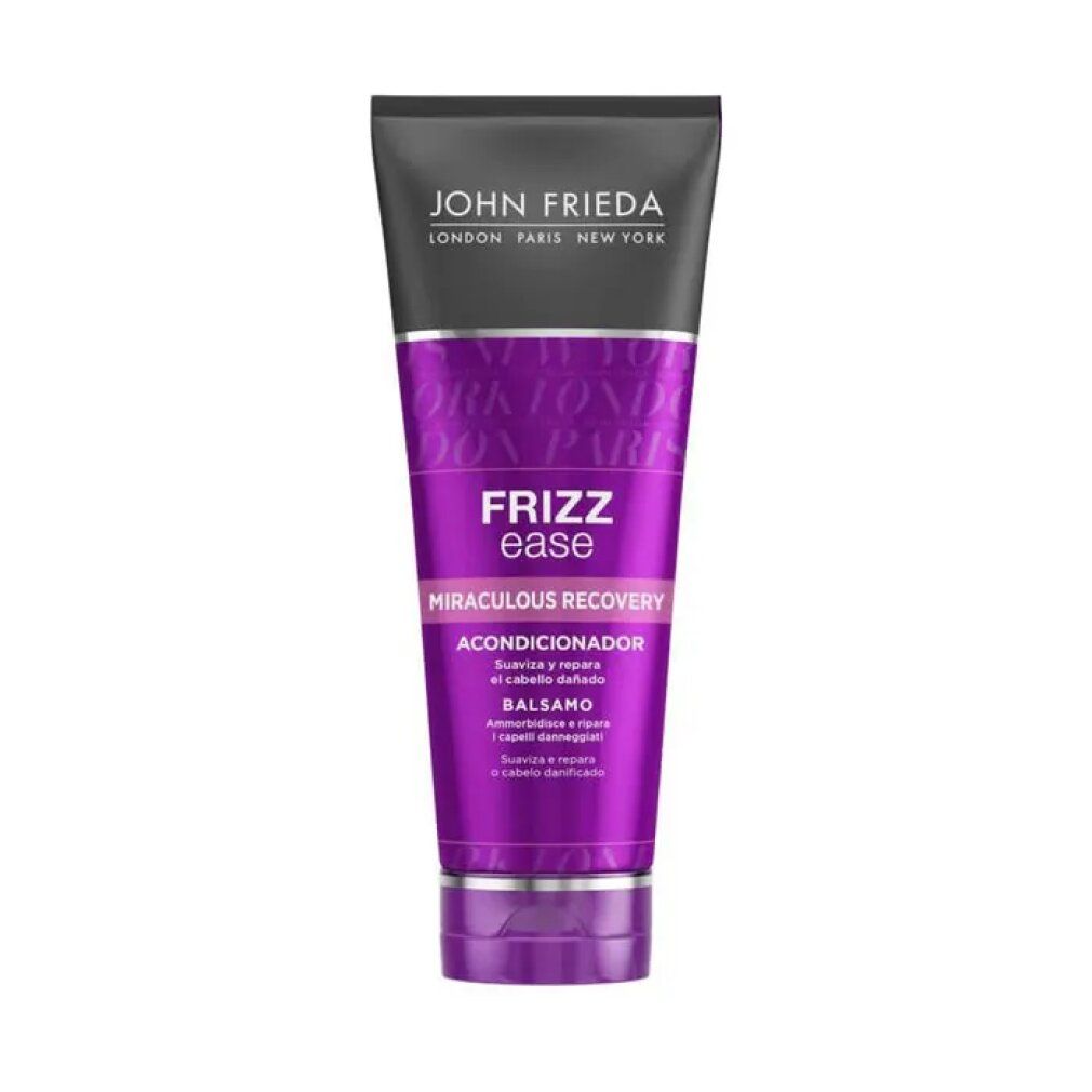 Violette Tube mit schwarzem Deckel. Aufschrift: John Frieda, Frizz Ease, Miraculous Recovery Conditioner. Für trockenes, geschädigtes Haar.