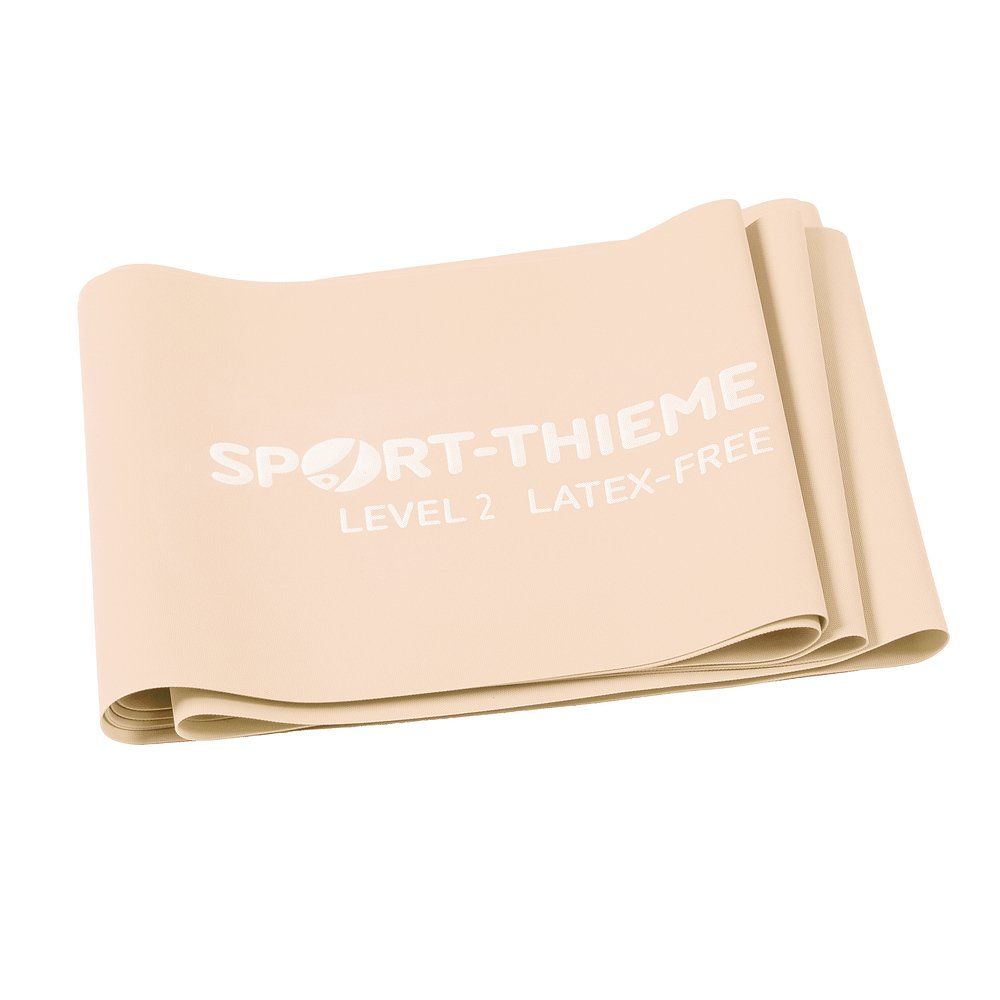 Beige Fitnessband, gefaltet. Aufdruck: Sport-Thieme, Level 2, latexfrei.