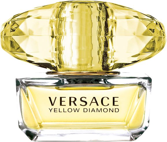 Versace Yellow Diamond Eau de Toilette. Gelbe Flasche mit diamantförmigem Deckel. Produktname deutlich sichtbar.