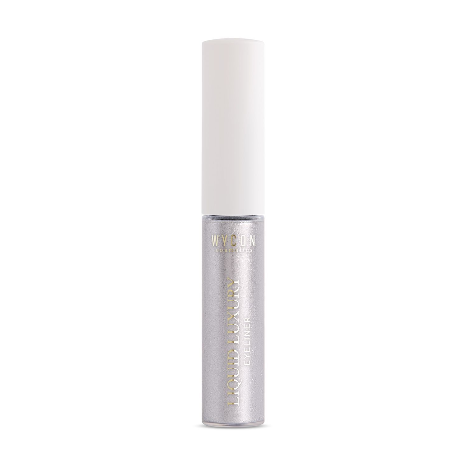Eyeliner WYCON Cosmetics Liquid Luxury 01 argento. Un tubetto di eyeliner liquido argentato con tappo bianco. Il nome del prodotto e il marchio sono stampati sul tubetto. L'eyeliner è mostrato in posizione verticale.