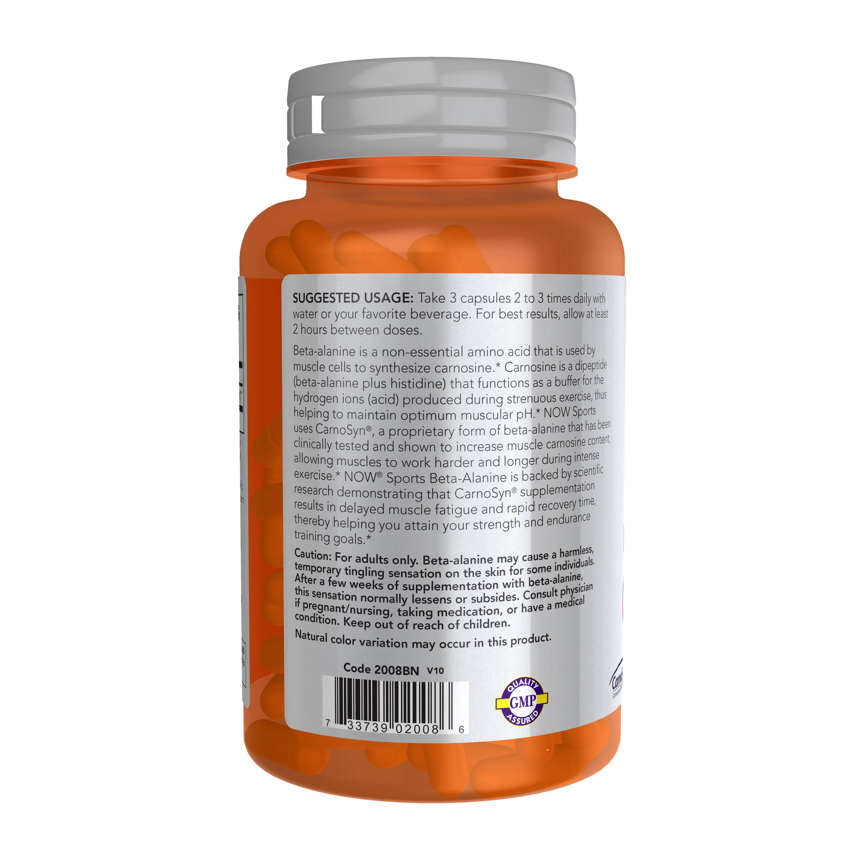 Orangefarbene Flasche mit Kapseln und Etikett mit Anwendungshinweisen und Inhaltsstoffen.