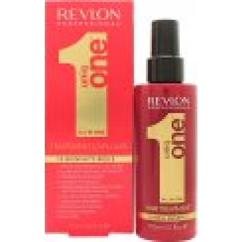 Rote Flasche und Verpackung von Revlon Uniq One. Aufschrift: All in One Hair Treatment. 10 Vorteile. Sprühkopf.