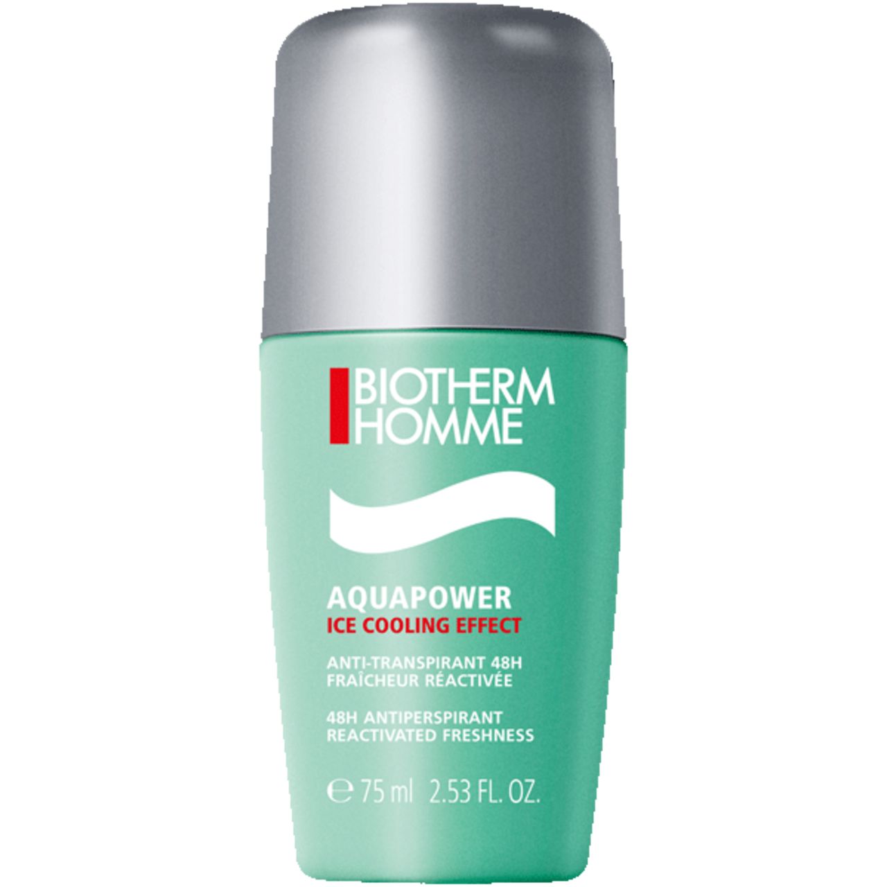 BIOTHERM Homme Aquapower Ice Cooling Effect Deo Roll-On. Türkisgrün mit silbernem Deckel. Text.