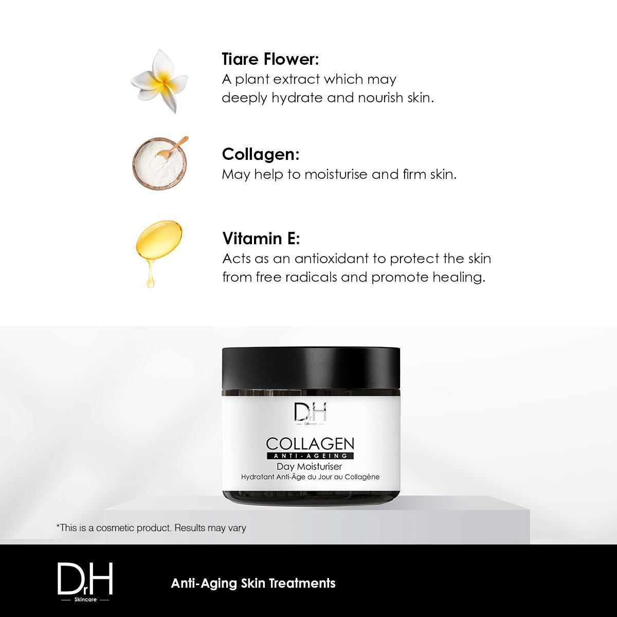 Creme-Tiegel mit schwarzem Deckel. Aufschrift: Collagen Anti-Ageing Day Moisturiser. DH-Logo. Inhaltsstoffe.