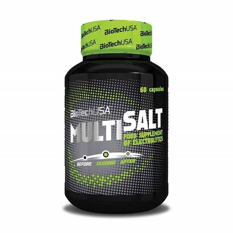 Schwarze Flasche mit grünem Deckel. Aufschrift "BioTechUSA Multi Salt". Enthält 60 Kapseln. Text: "Food supplement of electrolytes".