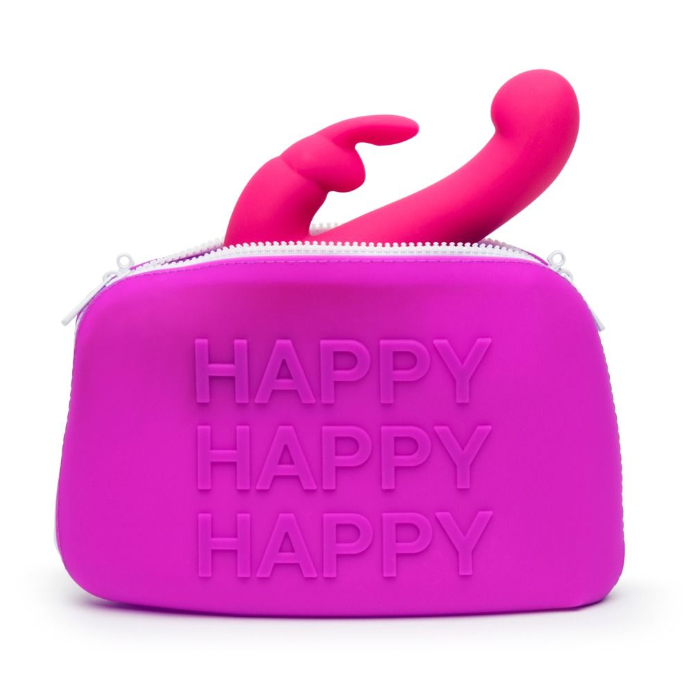 Eine pinke Tasche mit der Aufschrift "HAPPY HAPPY HAPPY" und einem pinken Spielzeug, das teilweise herausragt.