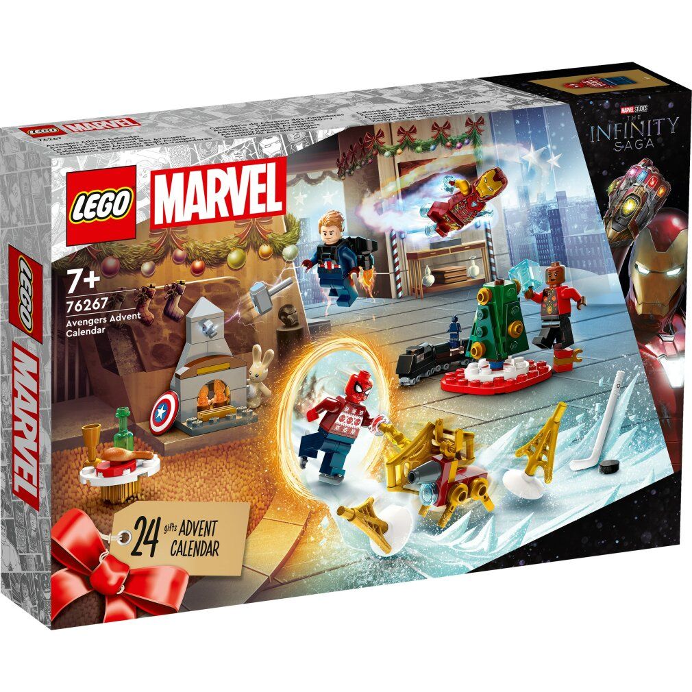 LEGO Marvel Adventskalender. Box mit Figuren und Szenen. Enthält Figuren wie Iron Man und Spider-Man. Mit 24 Türchen.