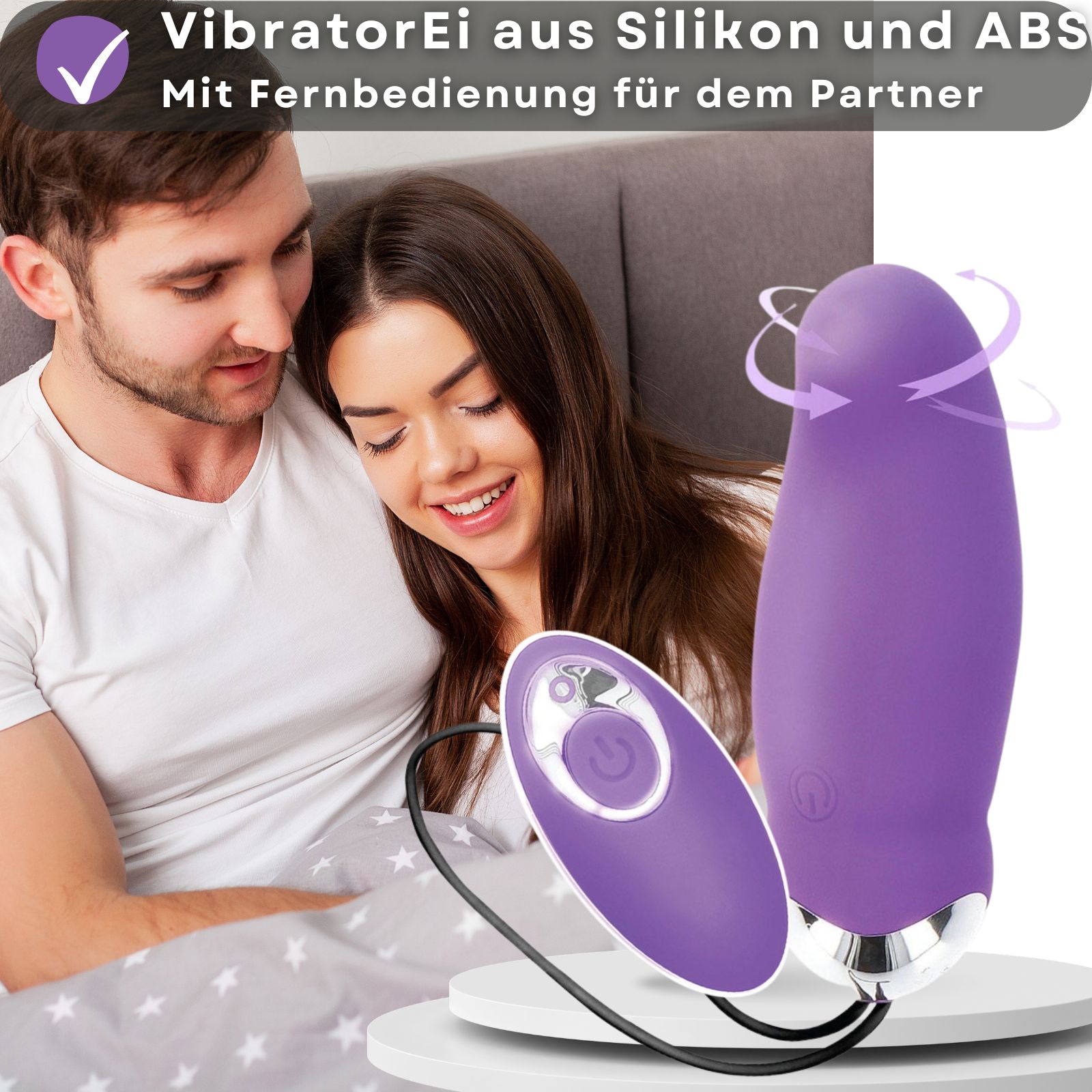 Lila Vibrator. 9 cm lang, 3,3 cm Durchmesser. Aus Silikon und ABS.