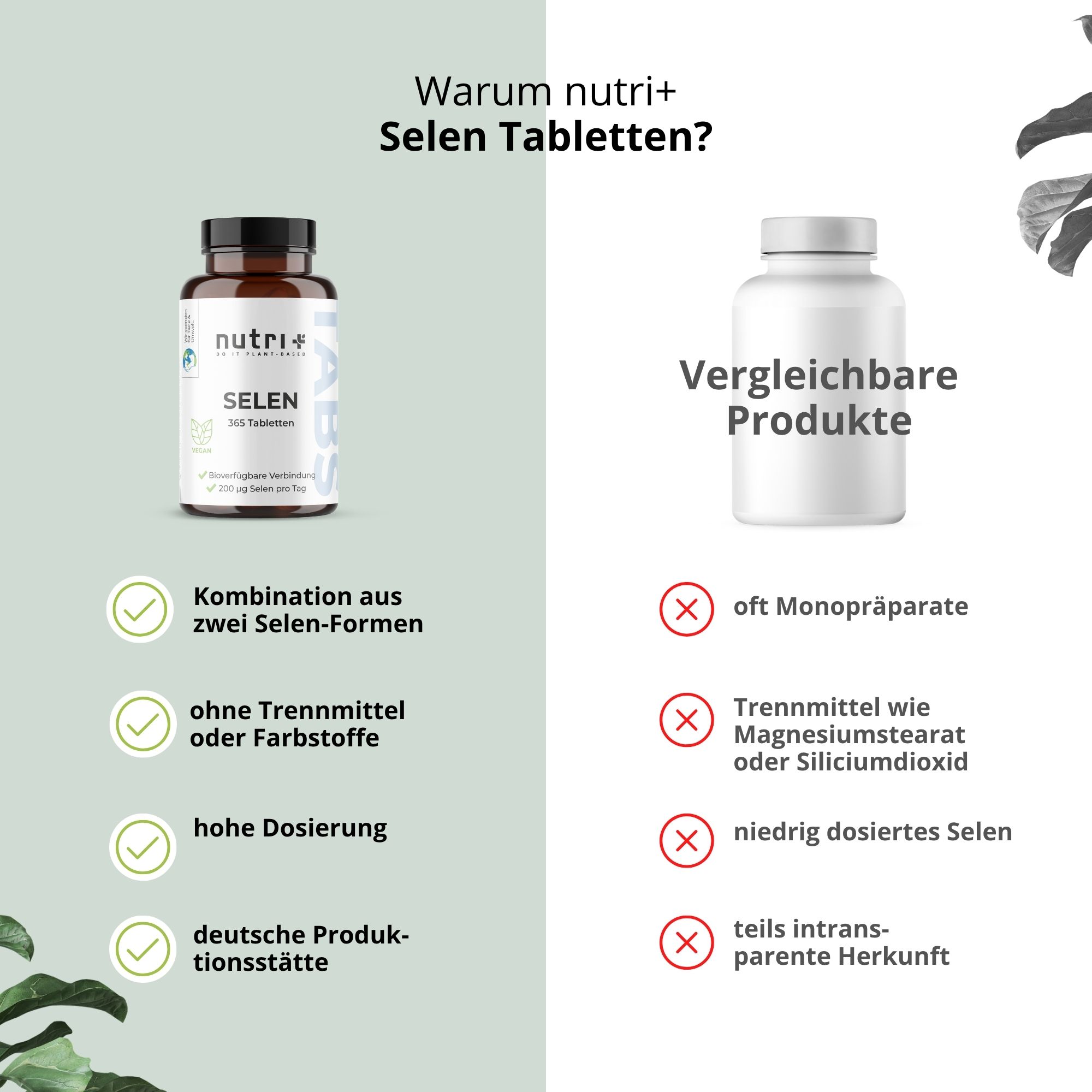 Vergleich: nutri+ Selen Tabletten vs. vergleichbare Produkte. Vorteile: Kombination, ohne Zusatzstoffe, hohe Dosierung.