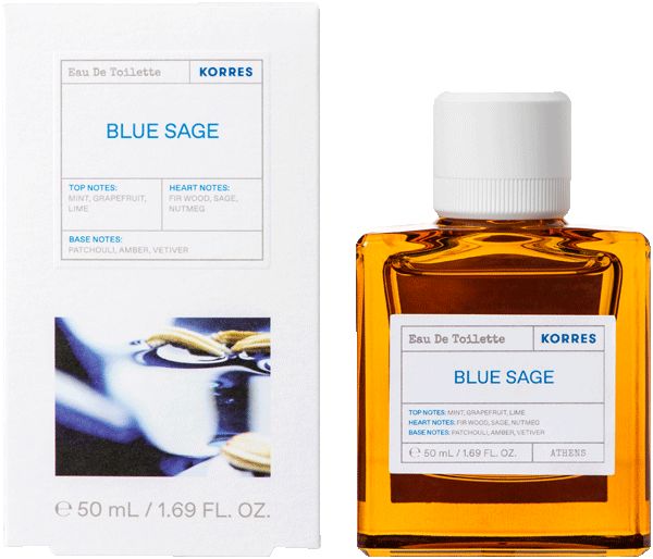 KORRES Blue Sage Eau de Toilette. Flakon und Verpackung. Eckiger Flakon, weißer Deckel. Verpackung mit Produktinformationen.