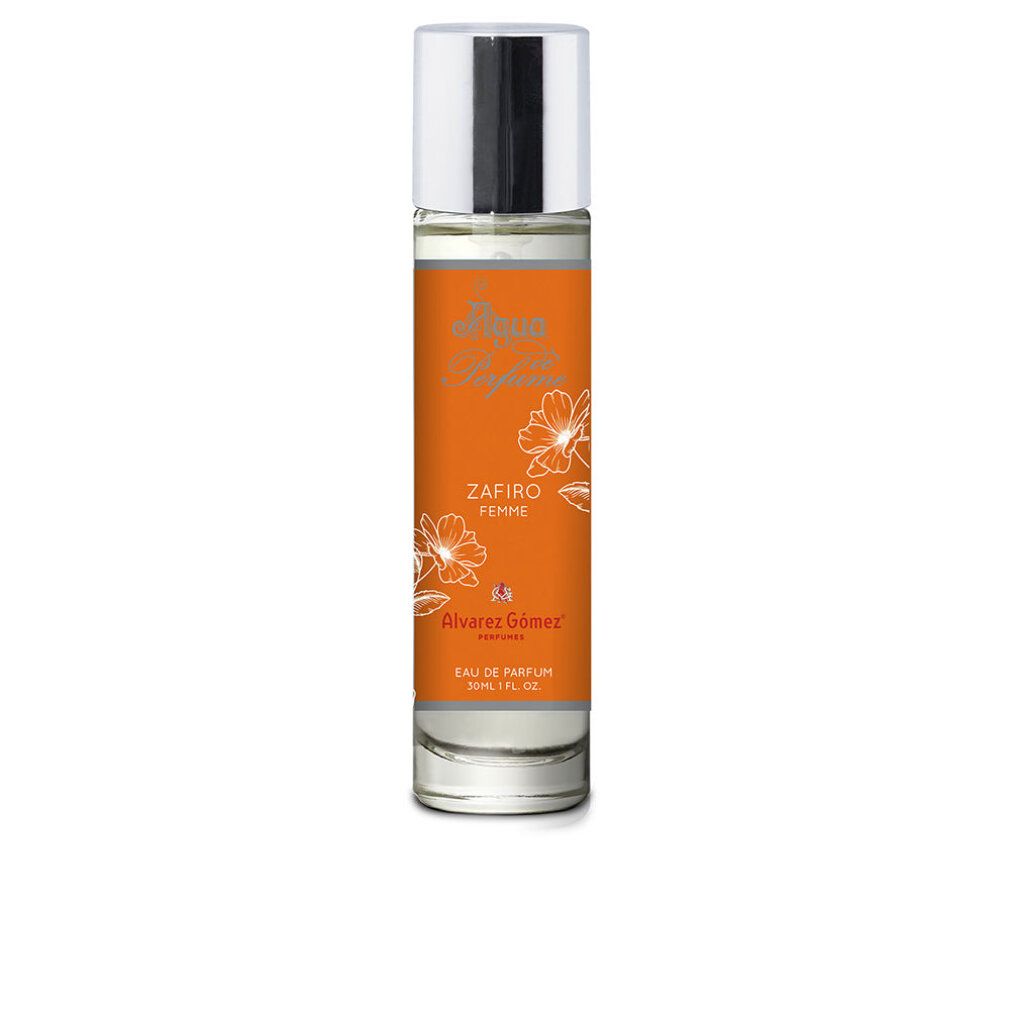 Parfümflasche mit orangefarbener Etikett. Text: Zafiro Femme, Alvarez Gómez. Eau de Parfum.