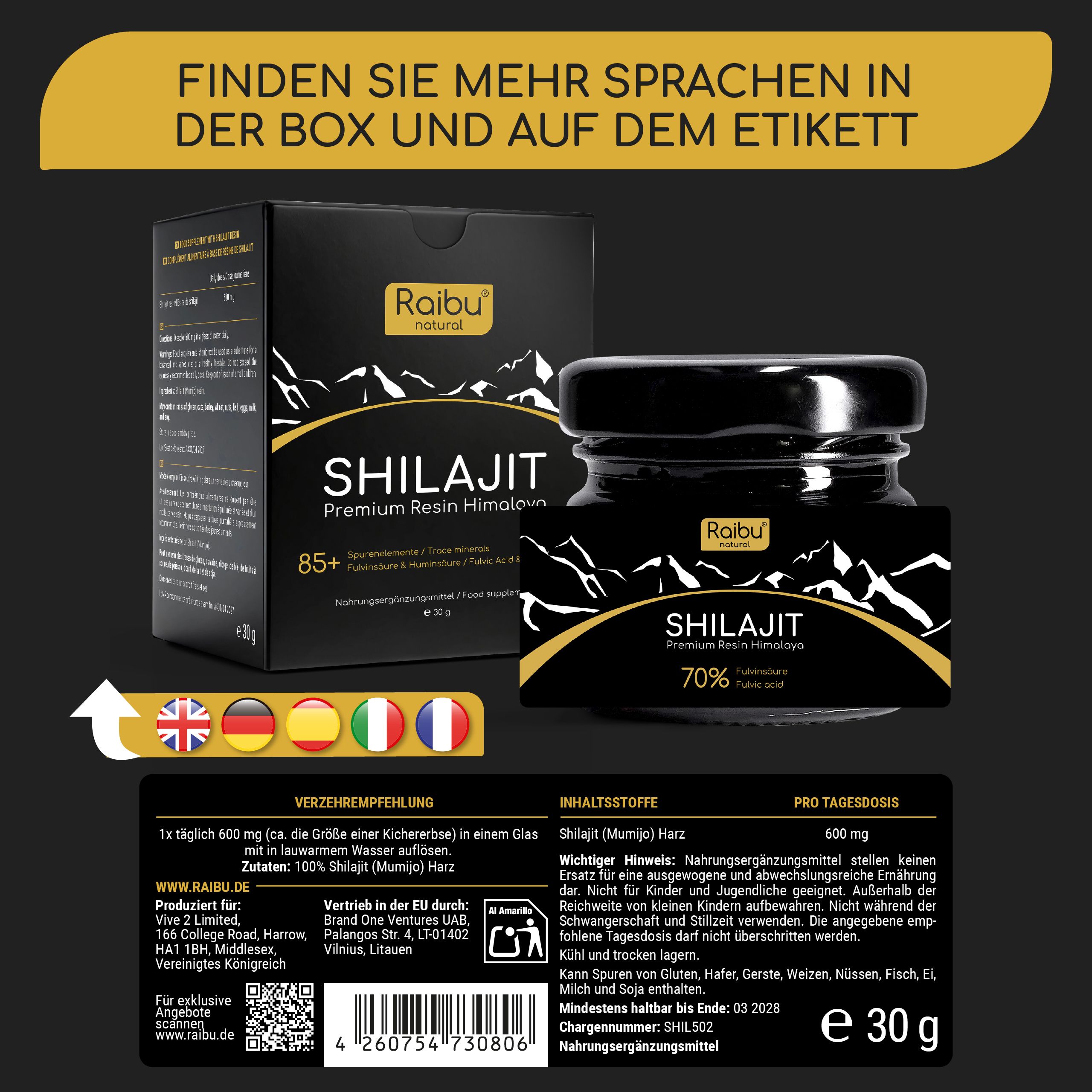 Produktverpackung. Schwarze Box und Glas. Text: Shilajit, 70% Fulvinsäure. Text: Verzehrempfehlung, Inhaltsstoffe.