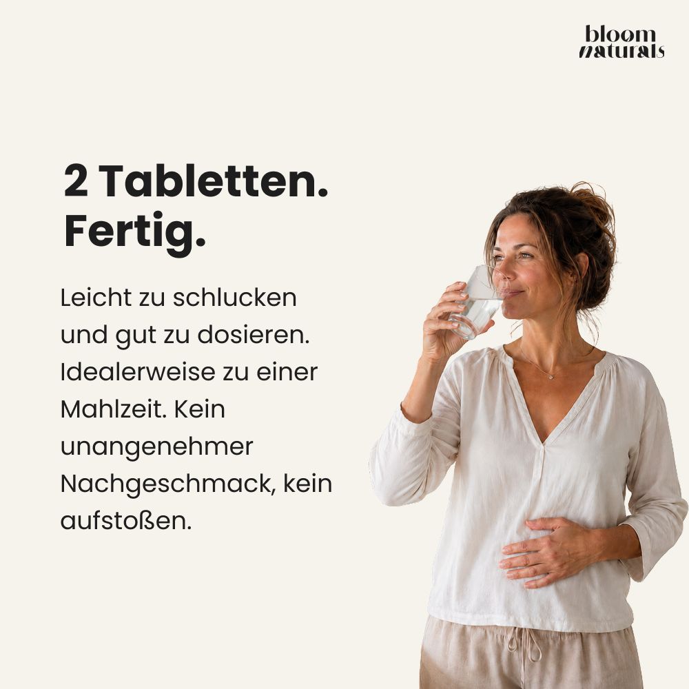 Zwei Calciumtabletten leicht zu schlucken, ideal zu einer Mahlzeit.