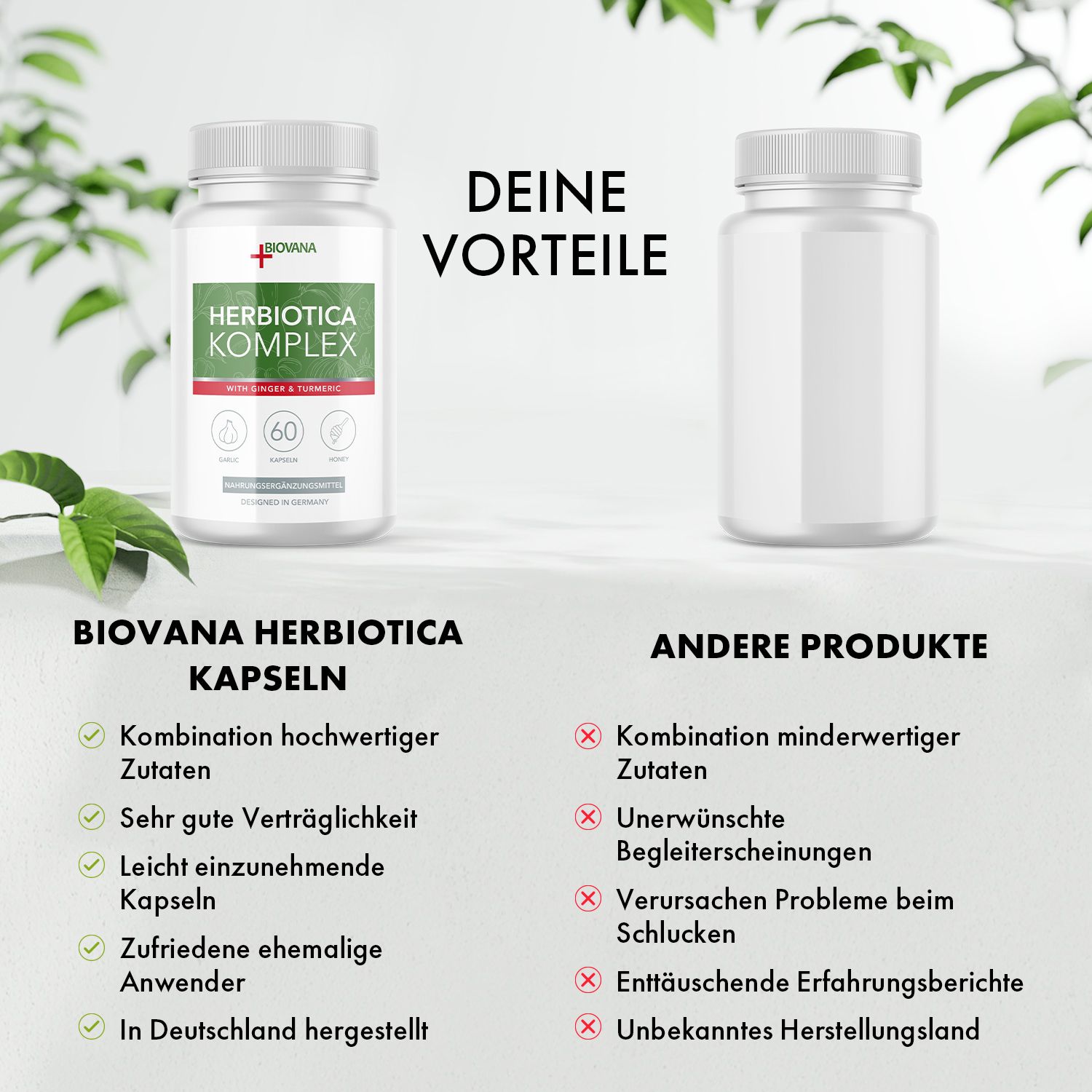 Vergleich von Biovana Herbiotica Kapseln und einem anderen Produkt. Vorteile: hochwertige Zutaten, gute Verträglichkeit, etc.