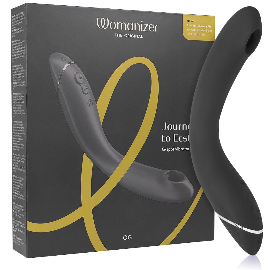 Verpackung und schwarzes Wellness-Produkt. Text: "Womanizer", "Journey to Ecstasy".