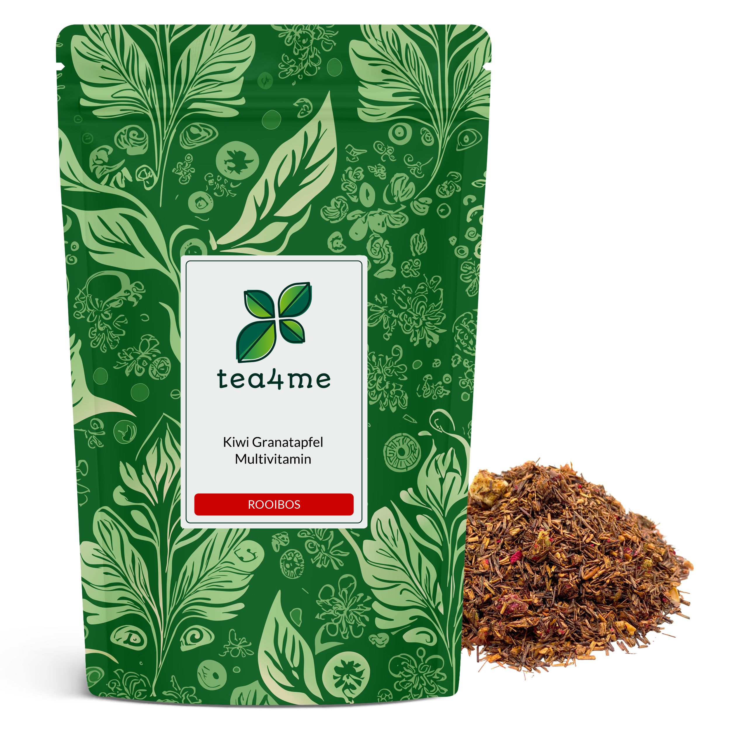 Grüner Beutel mit floralem Muster und Produktinformationen. Rechts daneben ein Haufen loser Tee. Aufschrift: tea4me, Kiwi Granatapfel Multivitamin.