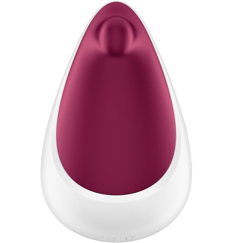 Weiß-lila Vibrator. Tropfenförmig mit weißem Gehäuse und lila Innenseite. Abgerundete Spitze.
