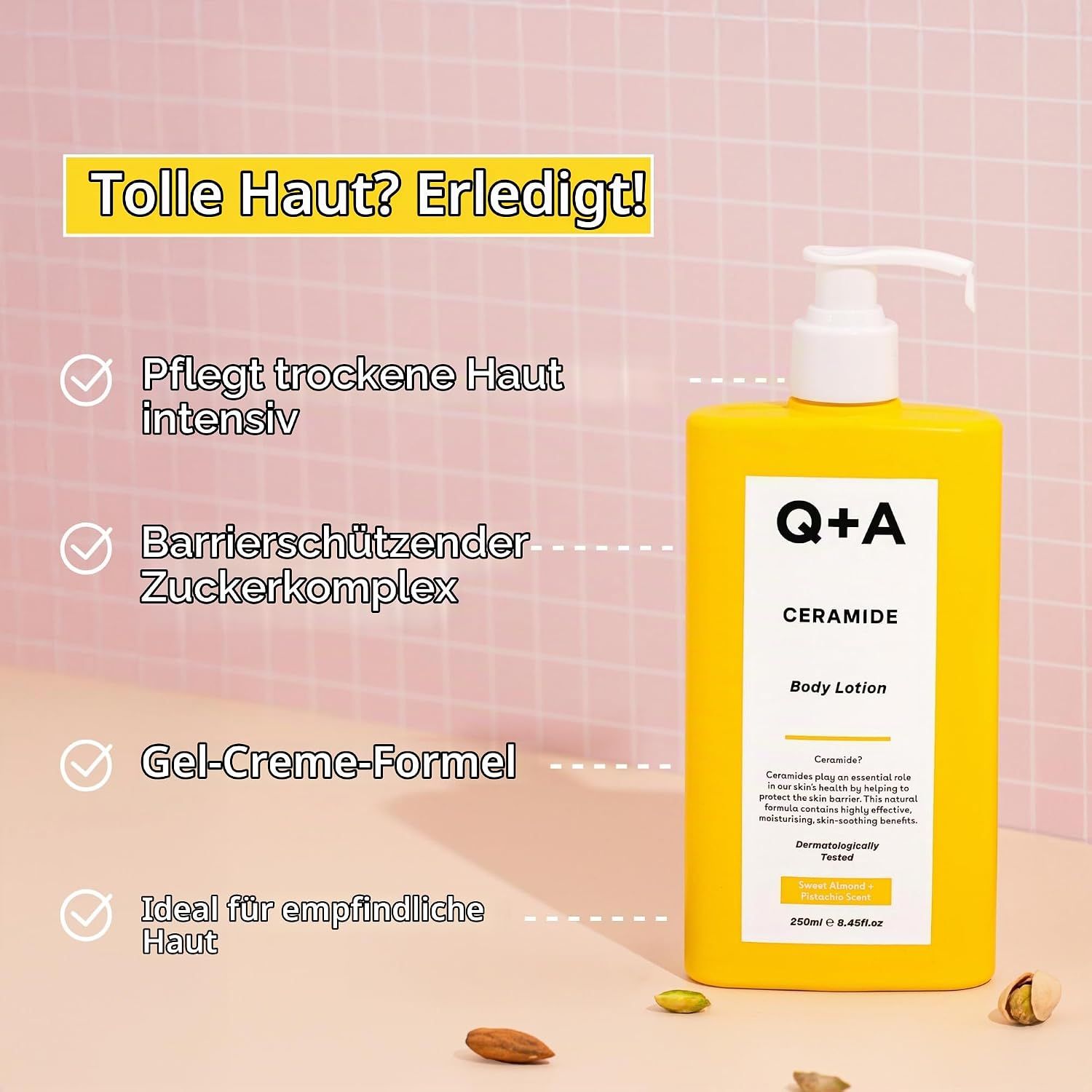 Q+A Ceramide Body Lotion in gelber Flasche mit Pumpspender. Pflegt trockene Haut, schützt die Hautbarriere, Gel-Creme-Formel.