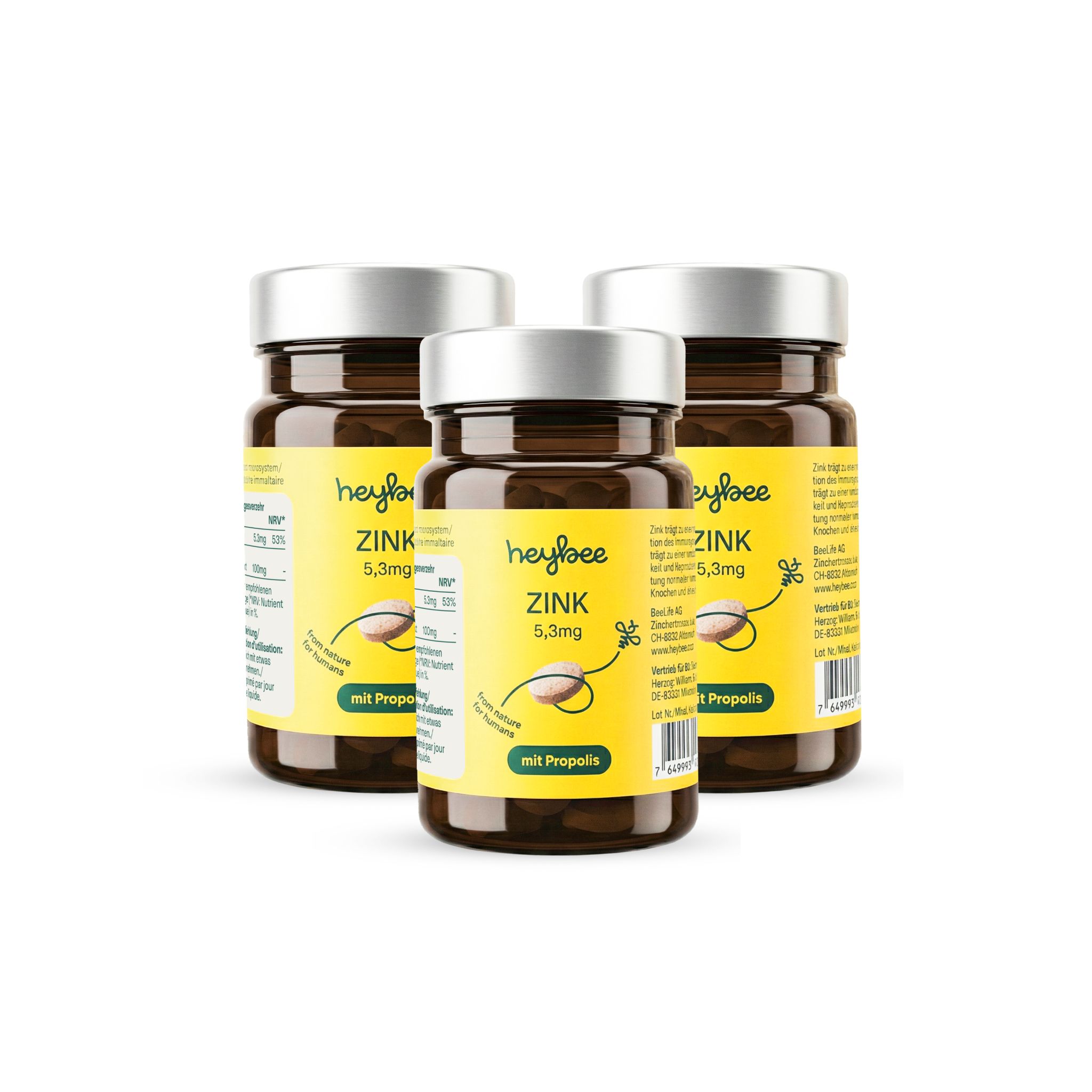 heybee Zink 5.3mg + Propolis - 3er Packung 3x100 St Halstabletten