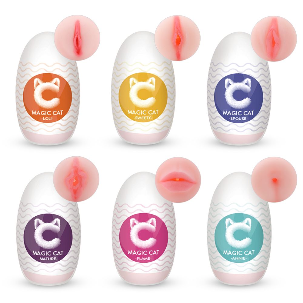Sechs ovale Produkte mit Katzenkopf-Logo. Jedes hat eine andere Farbe und Text: LOU, SWEETY, SPOUSE, MATURE, FLAME, ANNIE. Dazu passende Texturen.