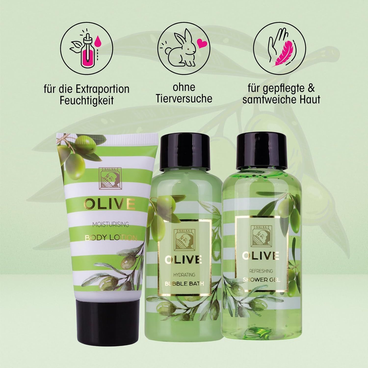 Drei Produkte mit Oliven-Motiv: Bodylotion, Duschgel und Schaumbad. Aufschrift 'OLIVE'. Ohne Tierversuche, für Feuchtigkeit und weiche Haut.