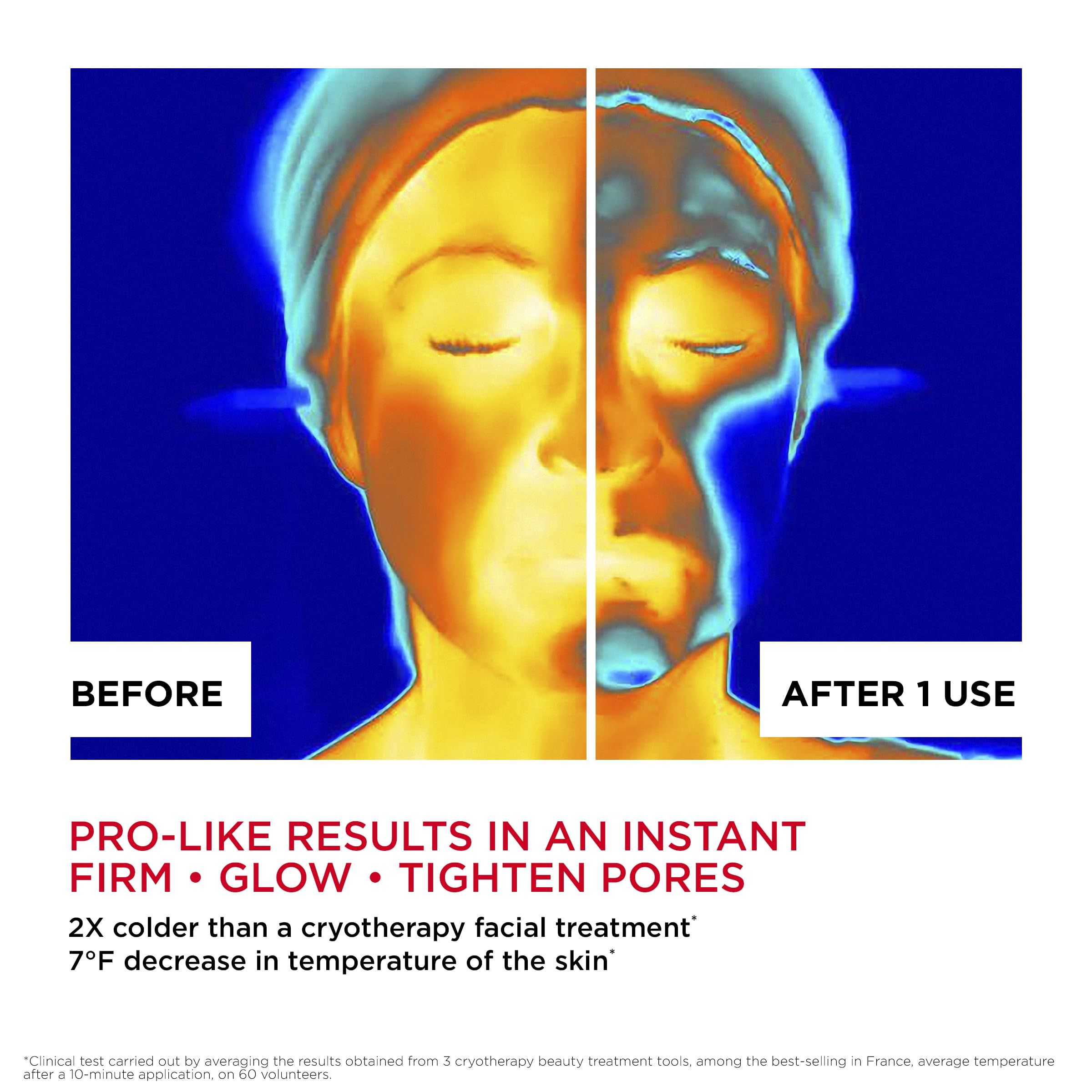 Thermografische Aufnahme eines Gesichts. Vorher/Nachher-Vergleich. Text: Pro-like results in an instant firm, glow, tighten pores.