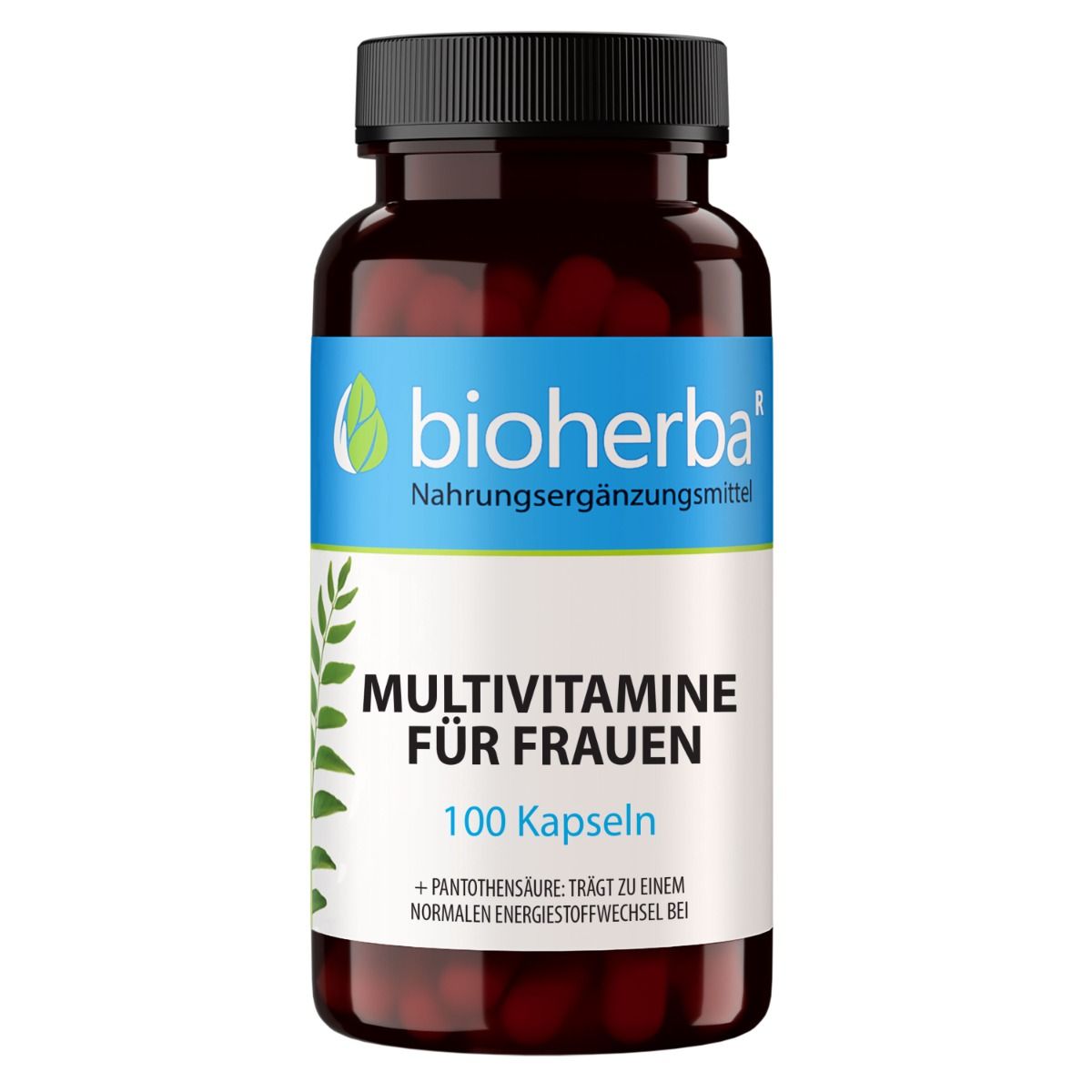 Braune Flasche mit schwarzen Deckel. Aufschrift: Bioherba Multivitamine für Frauen, 100 Kapseln. Produktname und Logo.