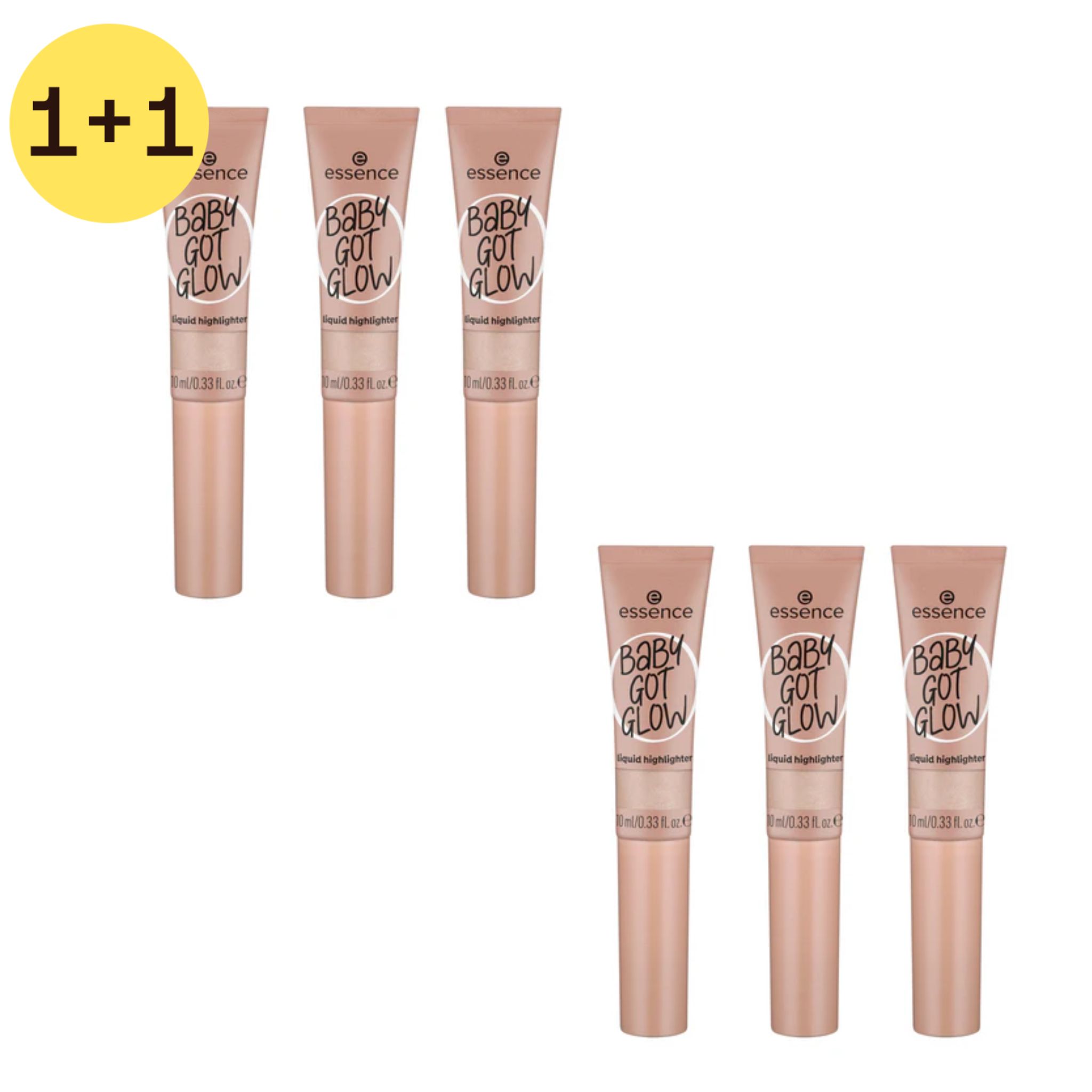 Sechs Essence BABY GOT GLOW flüssige Highlighter. Rosa Tuben mit weißem Verschluss. Produktname und Marke sichtbar. 1+1 Angebot.