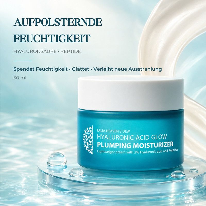 Ein blauer Tiegel mit der Aufschrift 'Hyaluronic Acid Glow Plumping Moisturizer'.