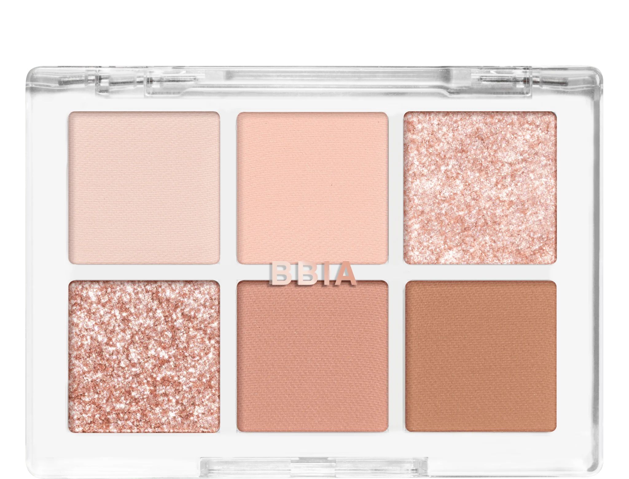 Lidschatten-Palette mit sechs Farbtönen in einer transparenten Hülle. BBIA-Logo sichtbar.
