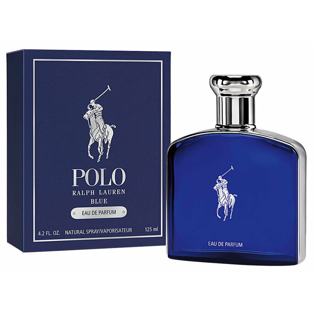 Blaues Parfümflakon mit silbernem Verschluss und Verpackung. Auf der Verpackung steht Polo Ralph Lauren Blue Eau de Parfum.