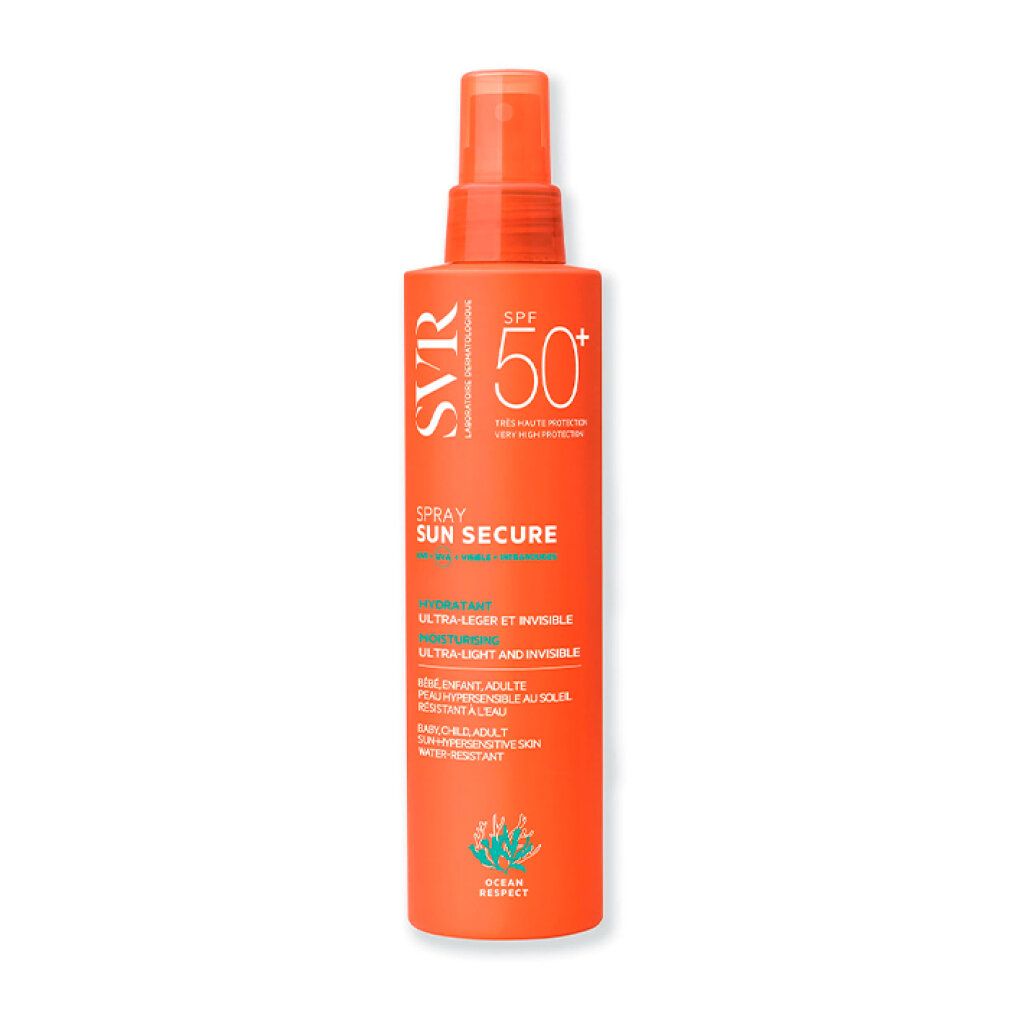Hände sprühen SVR Sun Secure Spray SPF50+ auf die Handfläche.