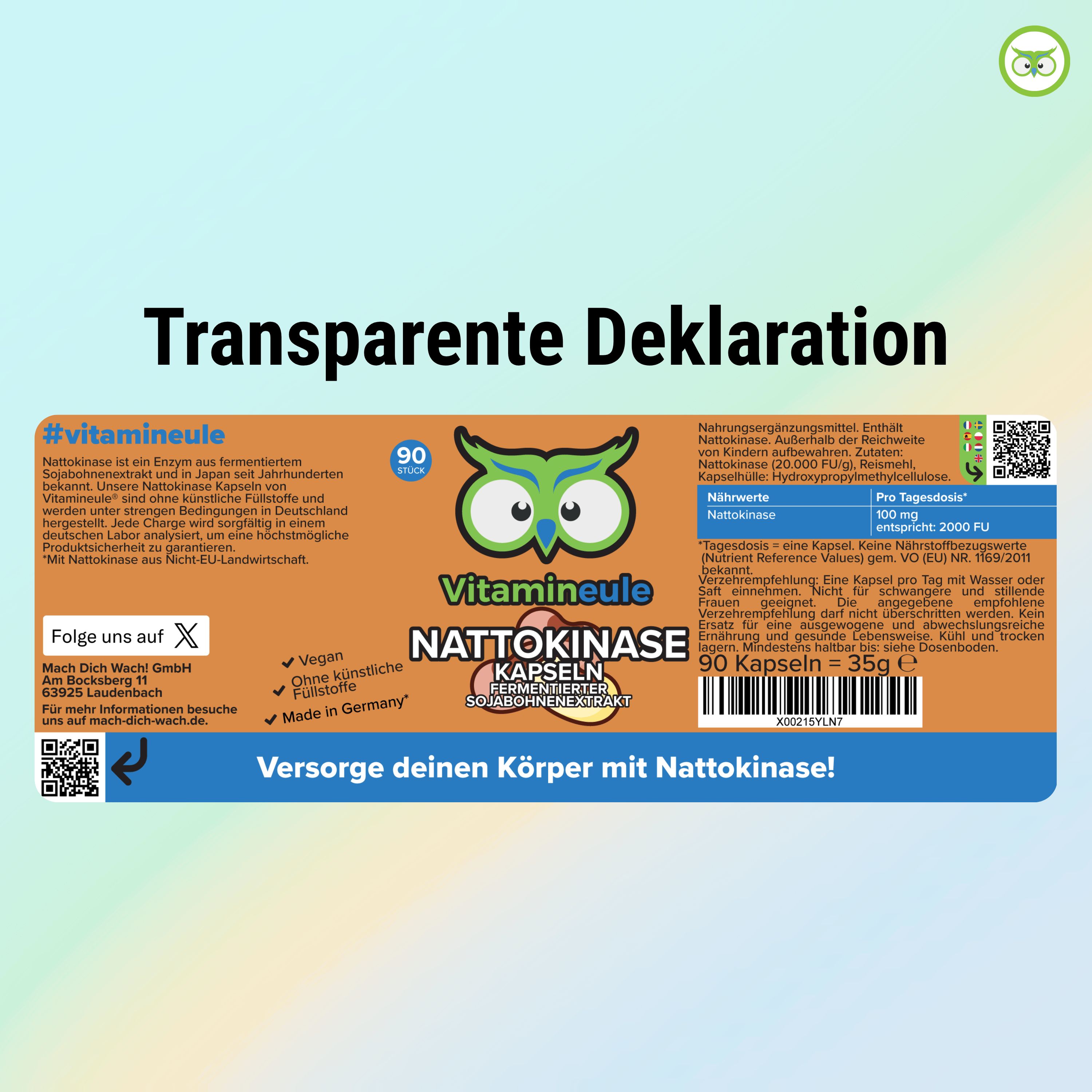 Produktetikett mit Informationen. Enthält: Nattokinase Kapseln, 90 Kapseln, 35g. Enthält Nährwertangaben und Informationen zur Anwendung.